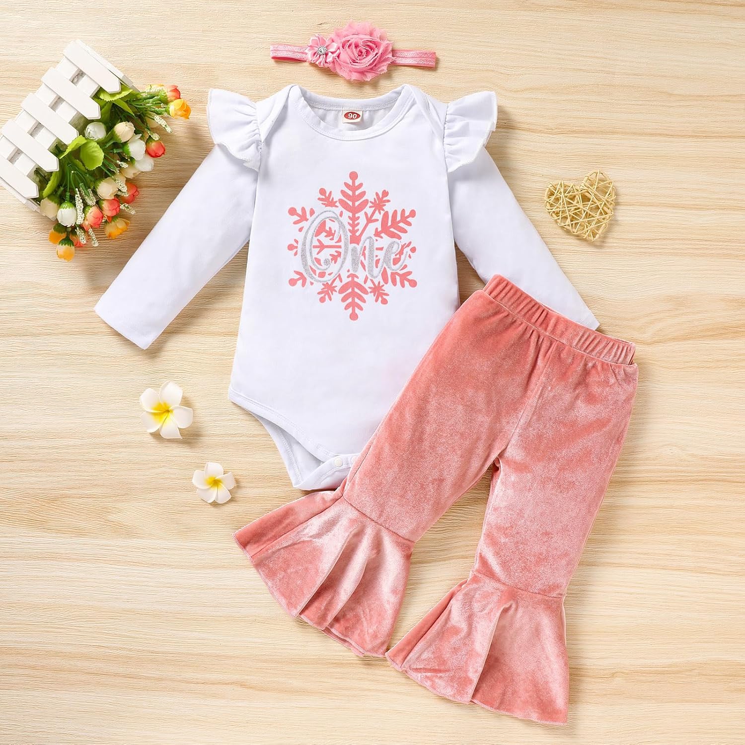 Viworld Baby Girl Birthday Clothes Snowflake First One Romper+Velvet Flared Pants-Hairband 3Pcs Cake Smash Outfits - Image 3