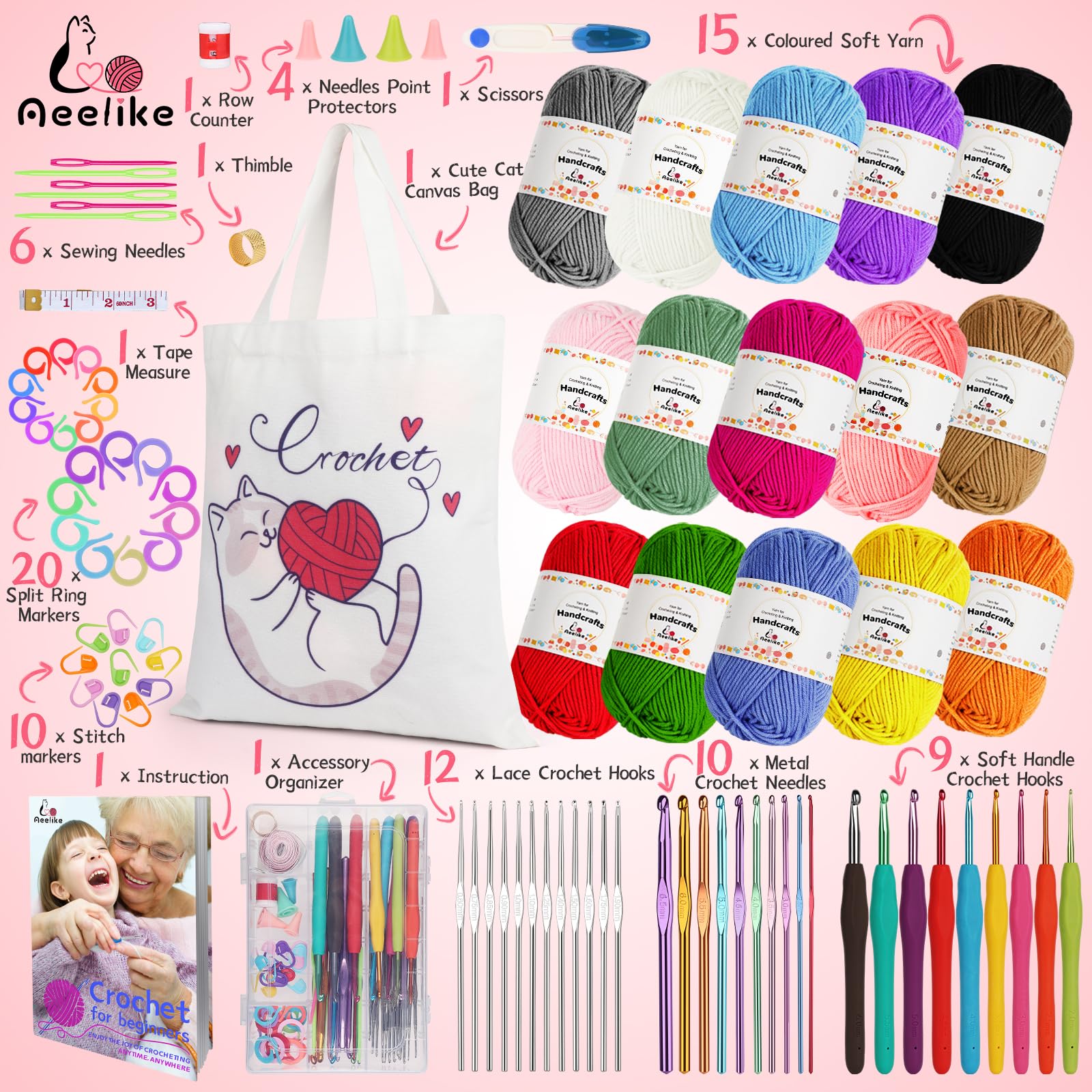 Kit Uncinetto Per Principianti Adulti | Granny Square Completo | Impara A Lavorare All'Uncinetto Con Blocco E Istruzioni | Aeelike