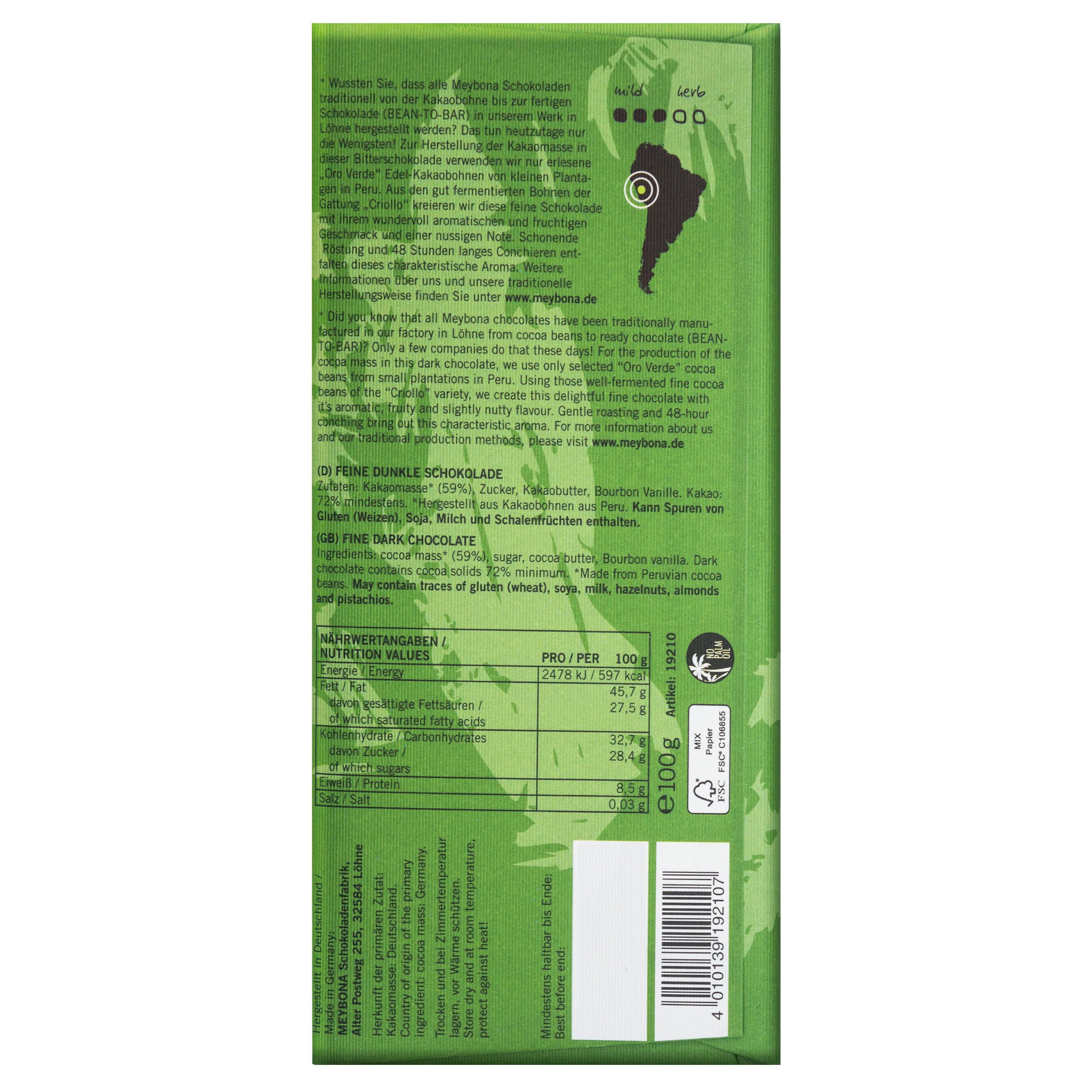 Meybona Urspungs-Schokolade Zartbitter | Peru | 72% Kakao | 10x100g | Schokoladentafel, ausgewählte Edelkakaobohnen, 72% Kakao, Bean-to-Bar, Single Origin Edel-Schokoladen