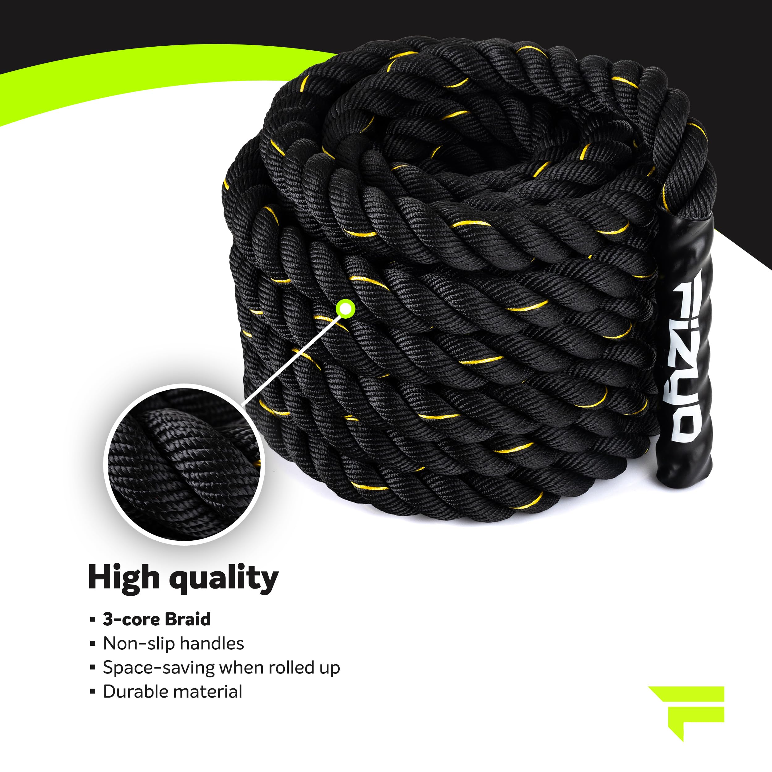 FIZYO Battle Rope – Corda da Allenamento Robusta per Functional Training, Cross Training, Forza e Resistenza – Diametro 3,8 cm, Costruzione a 3 Fili – Home Gym & Outdoor (9m)