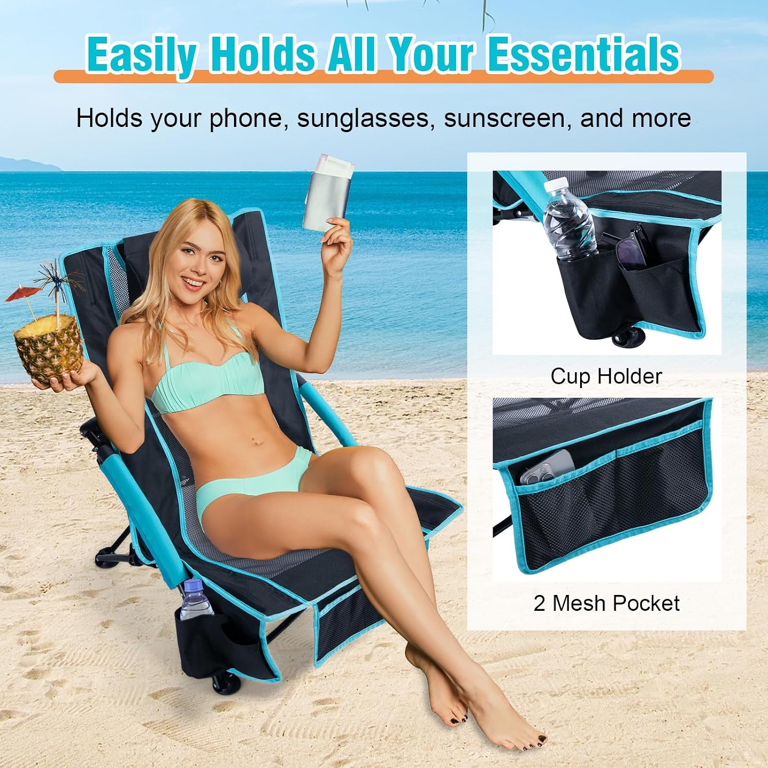 CHANGE MOORE Low Beach Chair with 2-in-1 Cooler Bag, 1 Pack Support up to 300lbs Folding Beach Chairs for Adults with Cup Holder, Removable Pillow & Carry Bag for Outdoor Sand Lawn Picnic Travel Blue