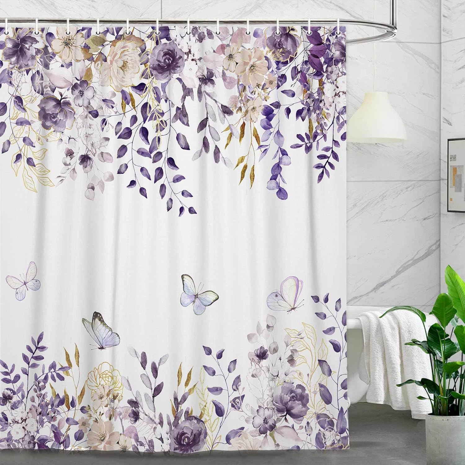 Purple Floral Shower Curtain, Pink Purple Flower Butterfly Plant Gold Leaves Botanical Bathroom Set, Watercolor Rustic Country Bath Curtain Bathtub Accessories Home Decor, 70X85IN