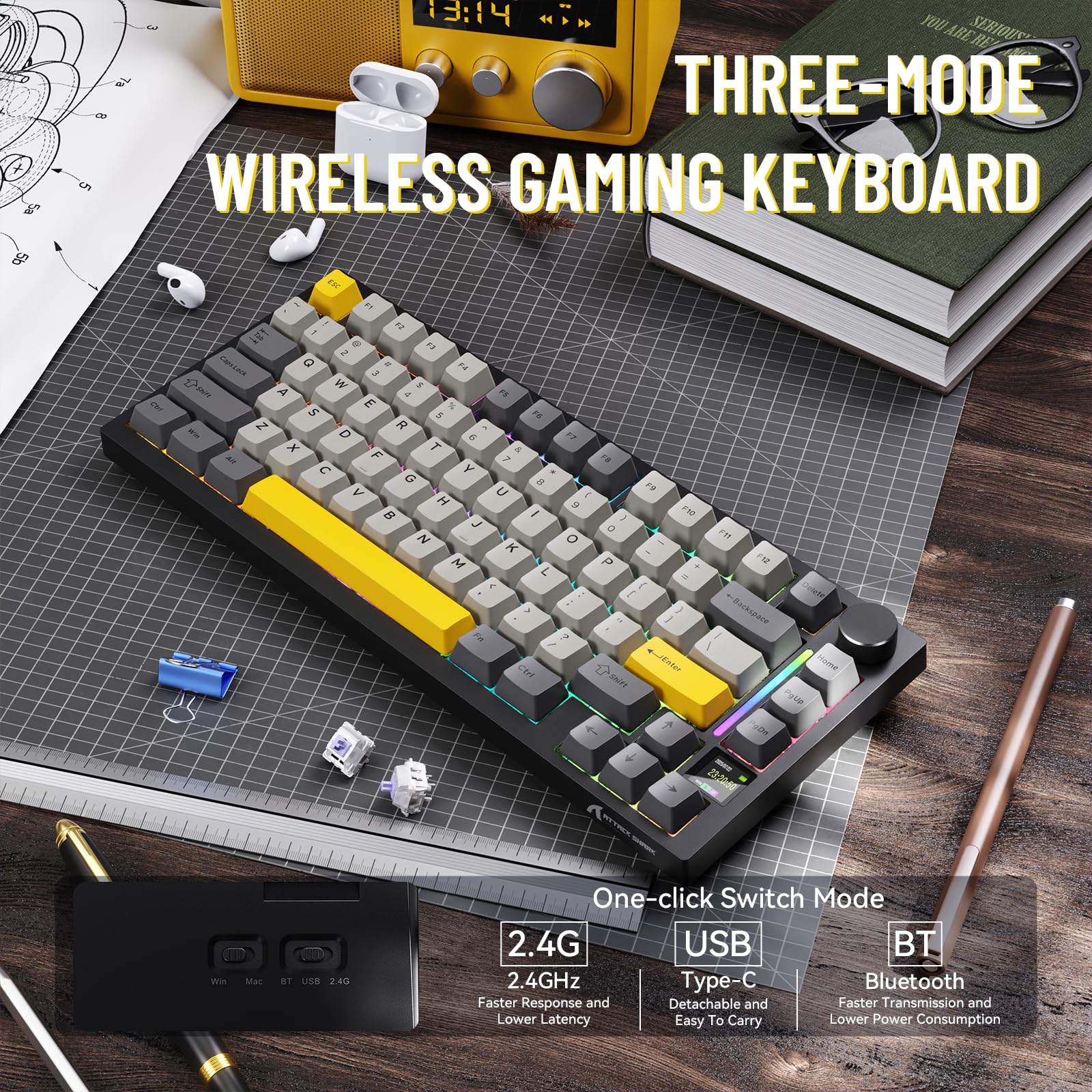 MAMBASNAKE Attack Shark X820 Ultra Tastiera Meccanica da Gioco Wireless 2.4G/BT/Usb C, QWERTY TKL 75% LIGHTSYNC RGB Chroma, TFT Schermo, Gasket Cuscino Foam Hot-swap, Cavo Spirale- Gift Switch/Grigio