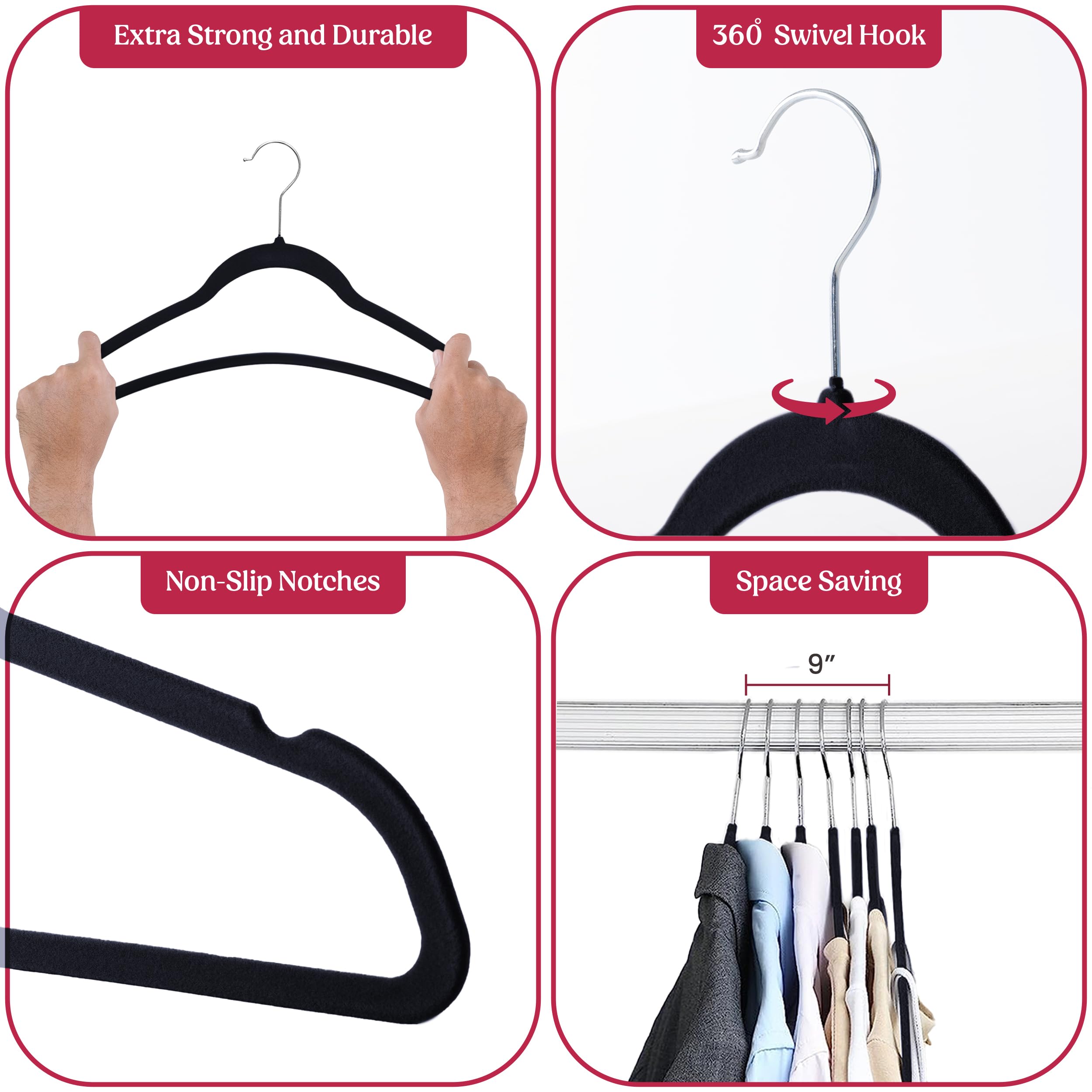 LDC Kleiderbügel aus schwarzem Samt, 30 Stück, Premium, rutschfest, für Kleidung, Mantel, Hosen, Filz-Kleiderbügel für Schrank, strapazierfähig, platzsparend, um 360° drehbar, Schwarz
