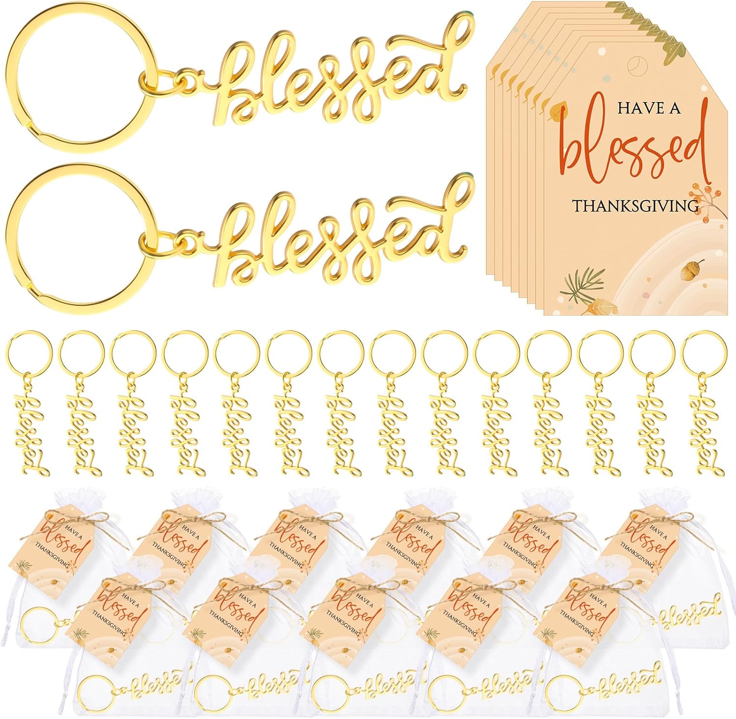 Henoyso Gold Thanksgiving Keychains Gift Employee Coworker Appreciation Thank You Cards Bag Keyring Party Favor 36 Blessed