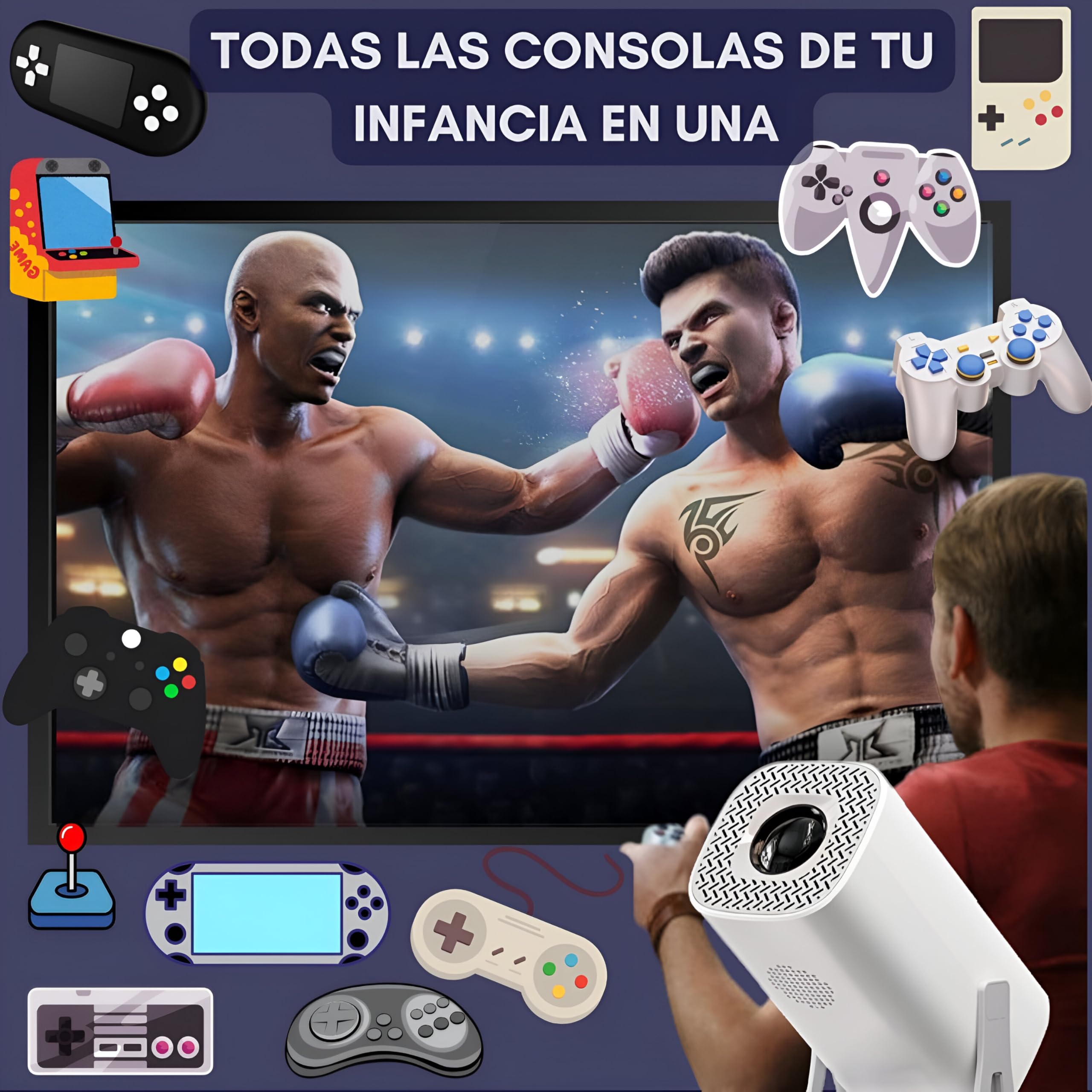 Proyector Consola Retro Integrada con más de 30.000 Juegos - Incluye 2 Mandos Inalámbricos - Android 11 y WiFi 6 - Tarjeta Memoria 64 GB - Calidad HD 1080Px720P con Soporte 4K - Enchufar y Listo
