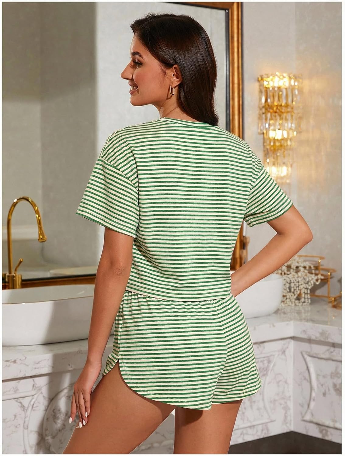 OYOANGLE Women's Two Piece Pajama Set Striped Print Crew Neck Short Sleeve Tee and Side Split Shorts Set Cute Pj Sets - Image 3