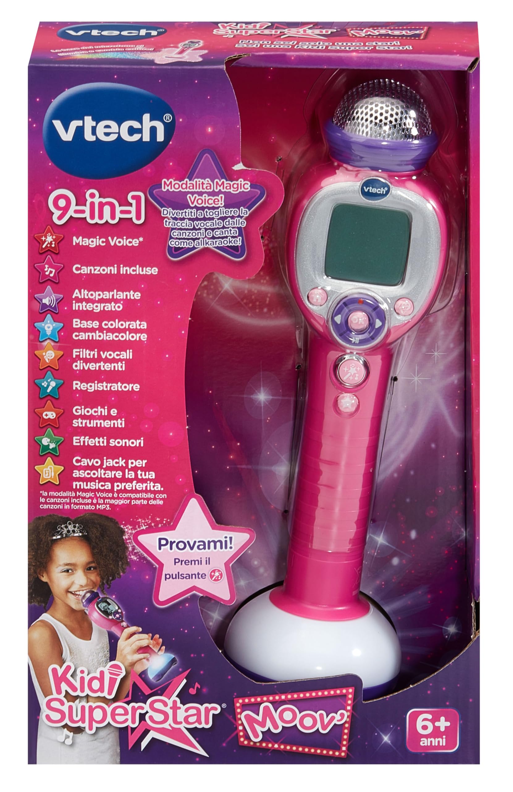 VTech Kidi SuperStar Moov, mikrofon do karaoke z technologią Magic Voice, efekty świetlne, nagrywanie głosu, gry interaktywne i animacje muzyczne, język włoski, baterie w zestawie, 6 lat