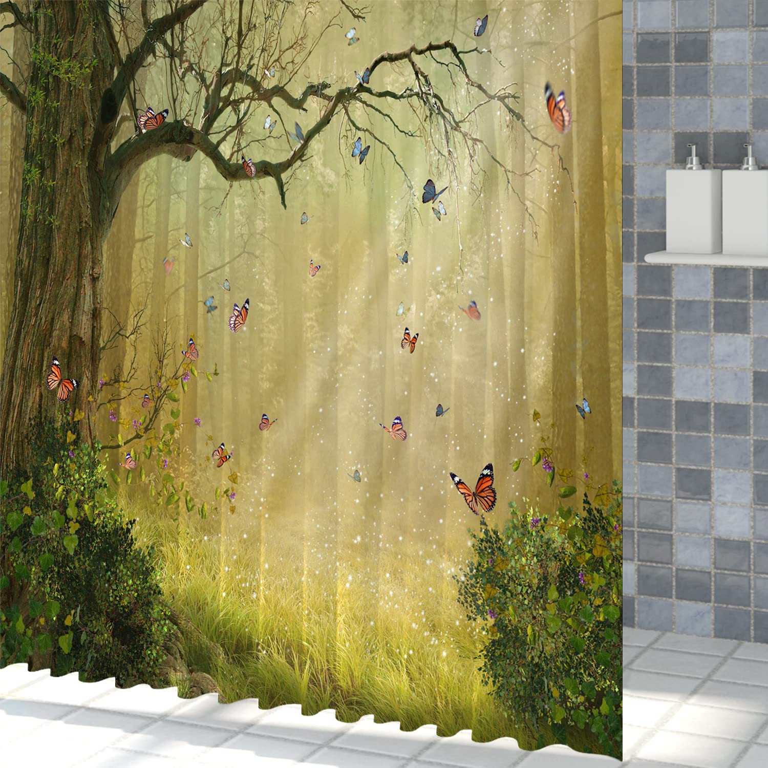 SDOTPMT 180 x 180 cm sprookjesachtige paddenstoel douchegordijn magische fantasie bos jungle boom bad gordijn groen gazon plant blad bloemen bad gordijn voor badkamer decor stof polyester met haken