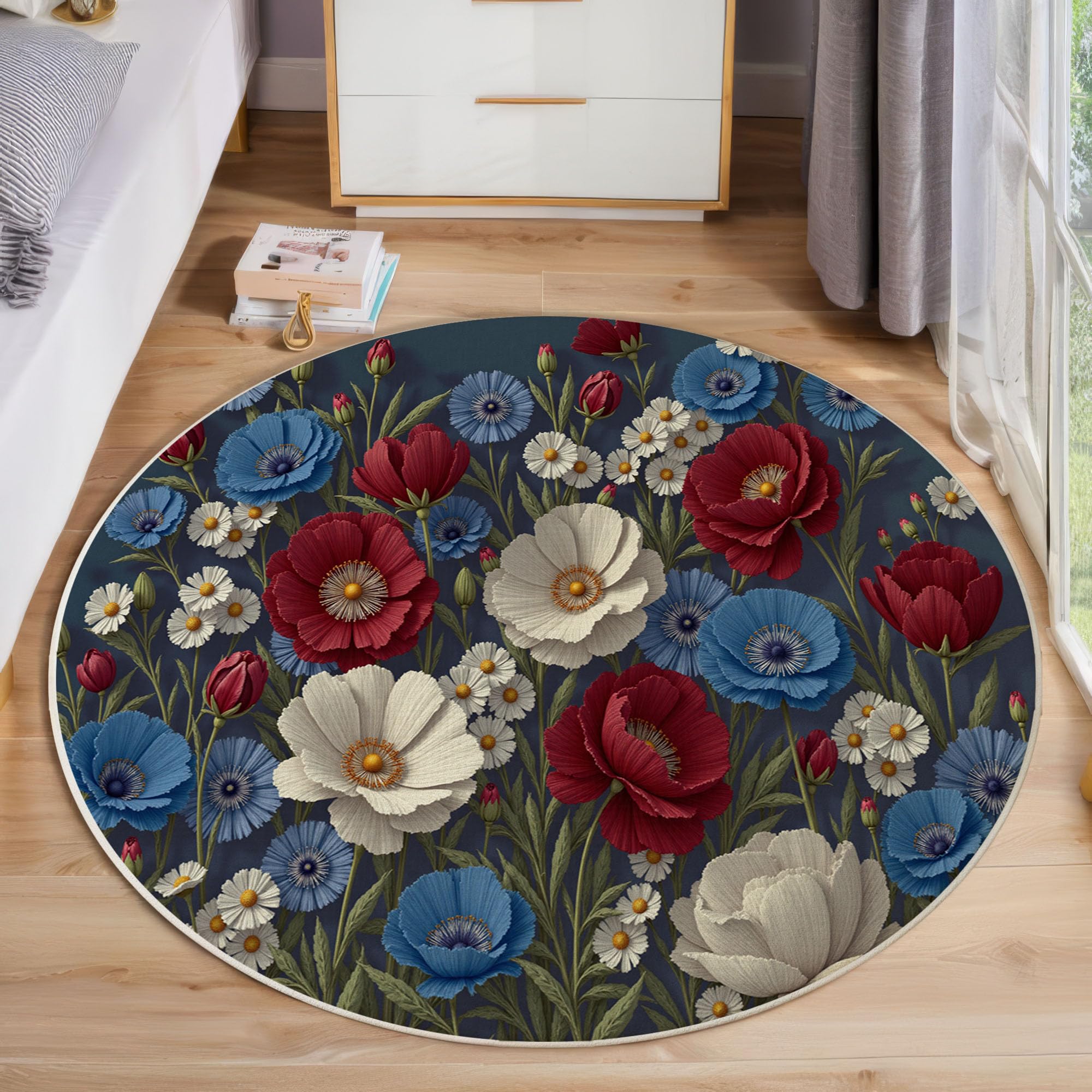 Tapis rond fleurs blanches haut de gamme super doux rouge et bleu 80cm
