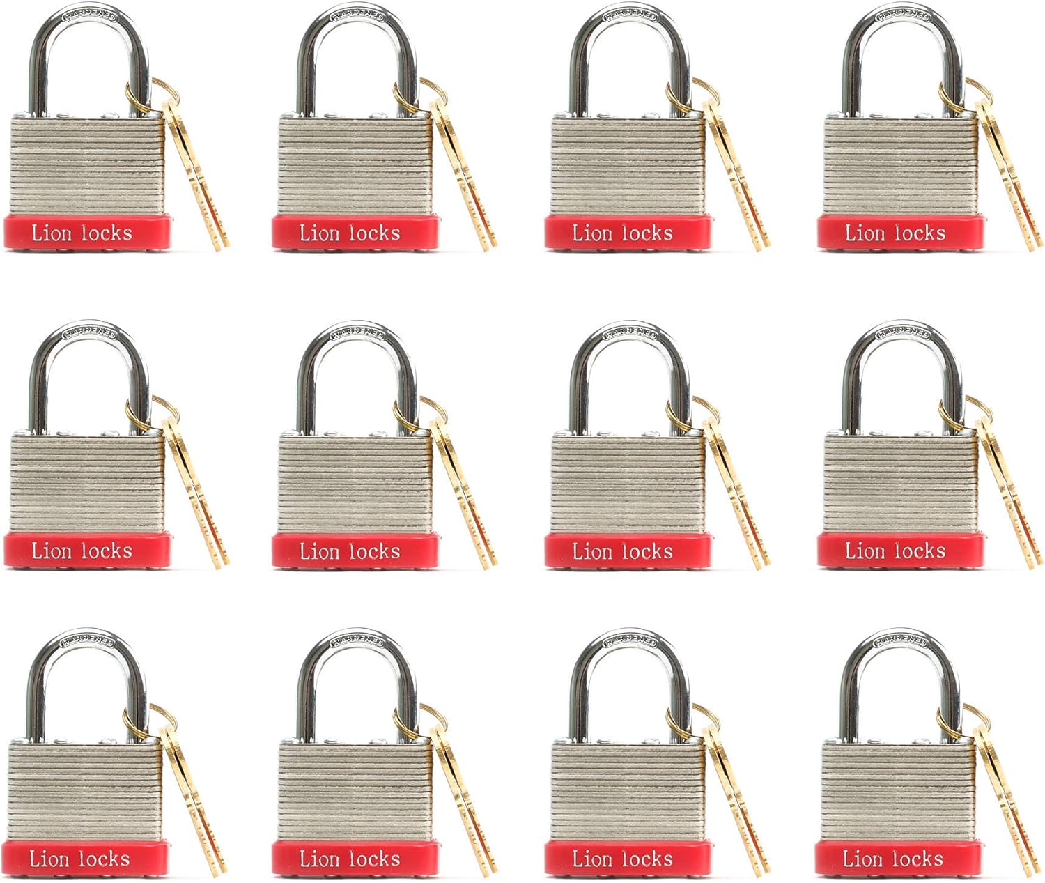 Lion Locks 12 Keyed-Alike Padlocks w/ 1.25” Shackle, 24 Keys, Hardened Steel Case, Brass Cylinder (12-Pack) - for Hasp Latch, Sheds, Fences, Storage Locker, School, Gym - - 