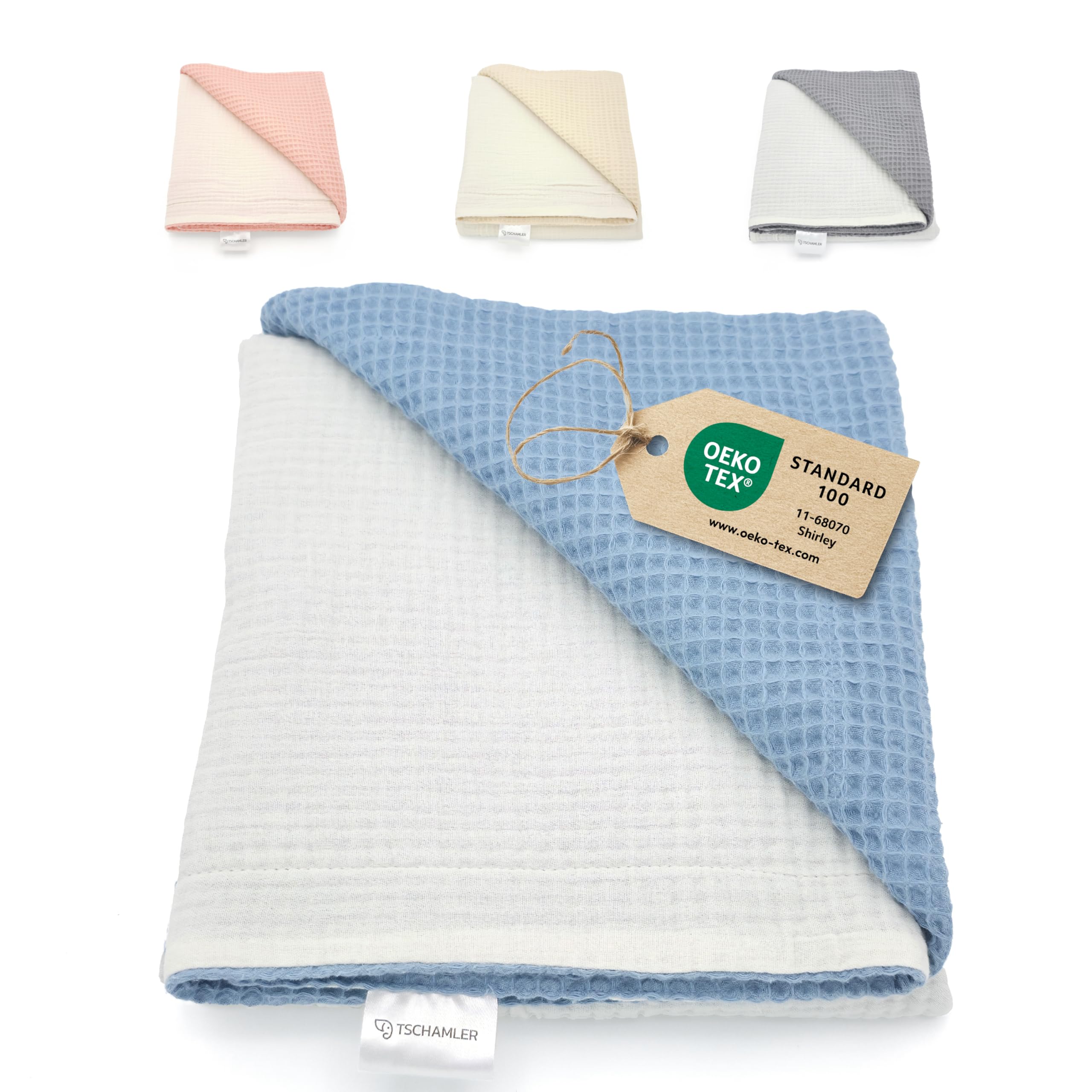 TSCHAMLER® Babydecke 100% Baumwolle, Musselin & Waffelpique, Oeko-TEX® geprüft, Baby Decke für Neugeborene - Geschenksverpackung - Baby Blanket Newborn Cotton – Blau