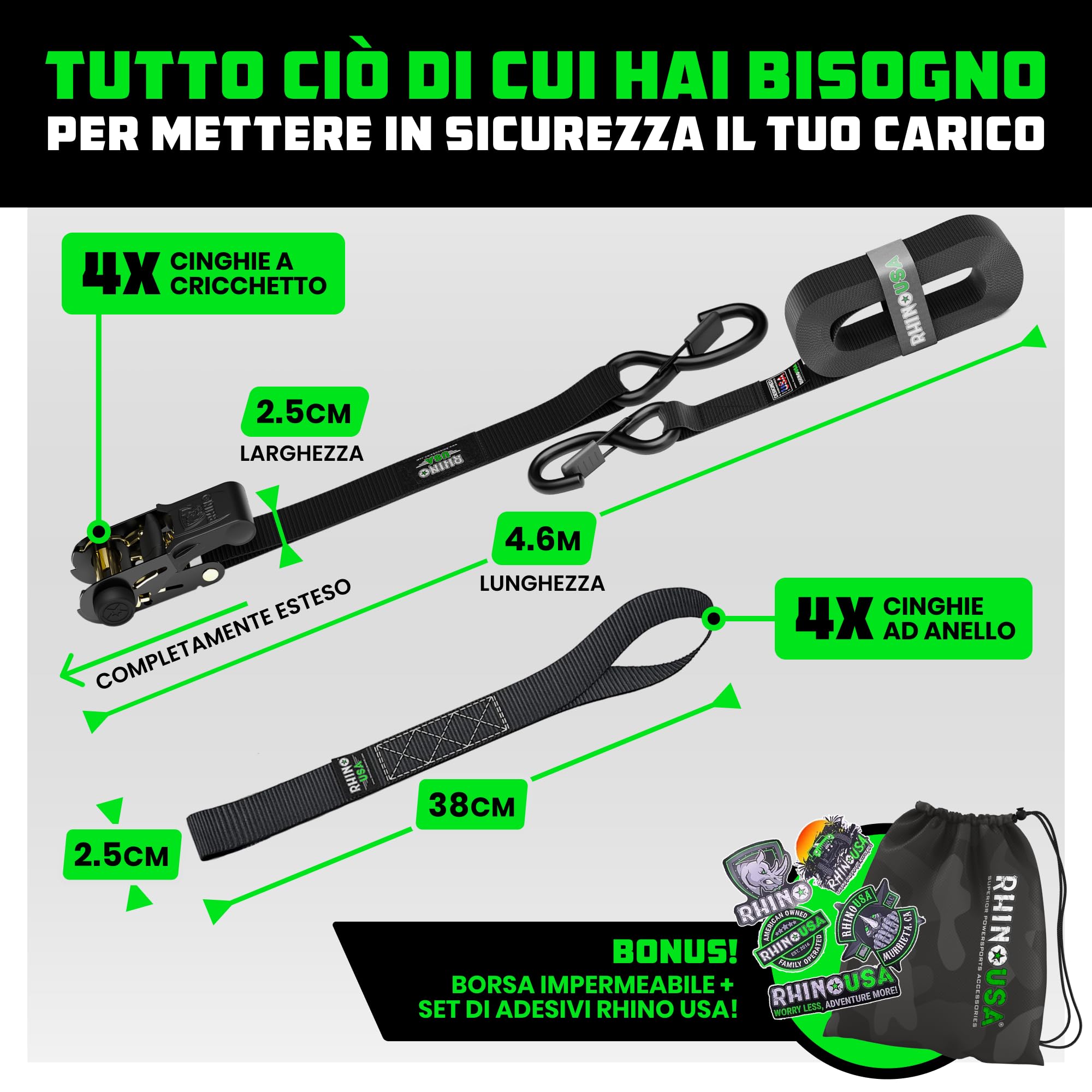 Cinghie a Cricchetto Rhino USA (4-Pack) - 2.5 cm x 4.6 m (800 kg di Resistenza alla Rottura) - Ganci a S di Sicurezza - Cinghie Premium per Camion, Carichi, Traslochi, Elettrodomestici - Nero