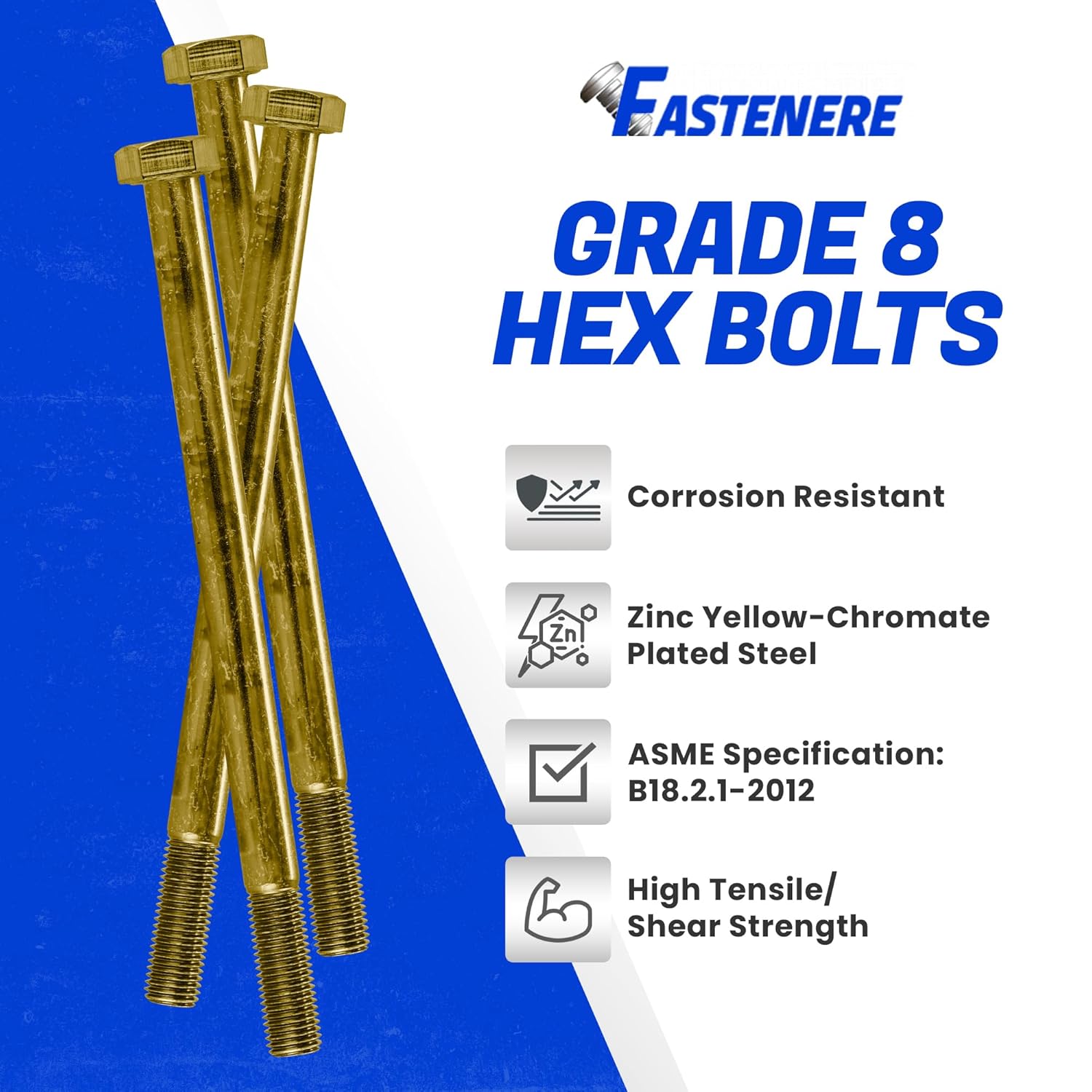 Fastenere 3/8"-24 x 5-1/2" Hex Bolts Grade 8 Zinc Yellow-Chromate Plated Steel, Partial Threaded Durable Hex Bolts for Machinery & Construction, Rust-Resistant, Heavy-Duty Fasteners, Pack of 10
