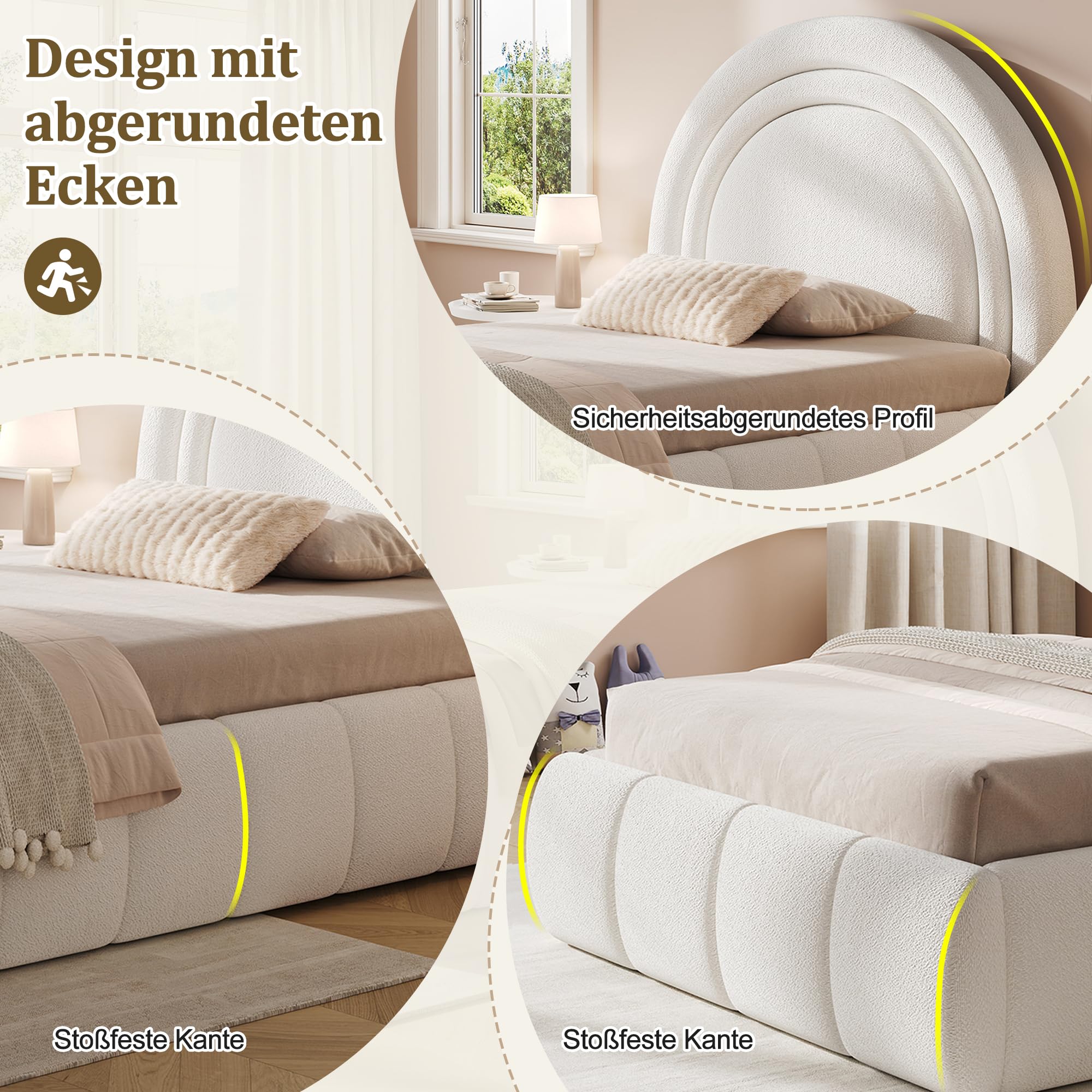 Mrwoo Polsterbett 90x200 cm mit Hydraulikfunktion und Großem Stauraum, Einzelbett mit Kopfteil, Kinderbett, Stauraumbett, Bouclé, Beige-B(Ohne Matratze)