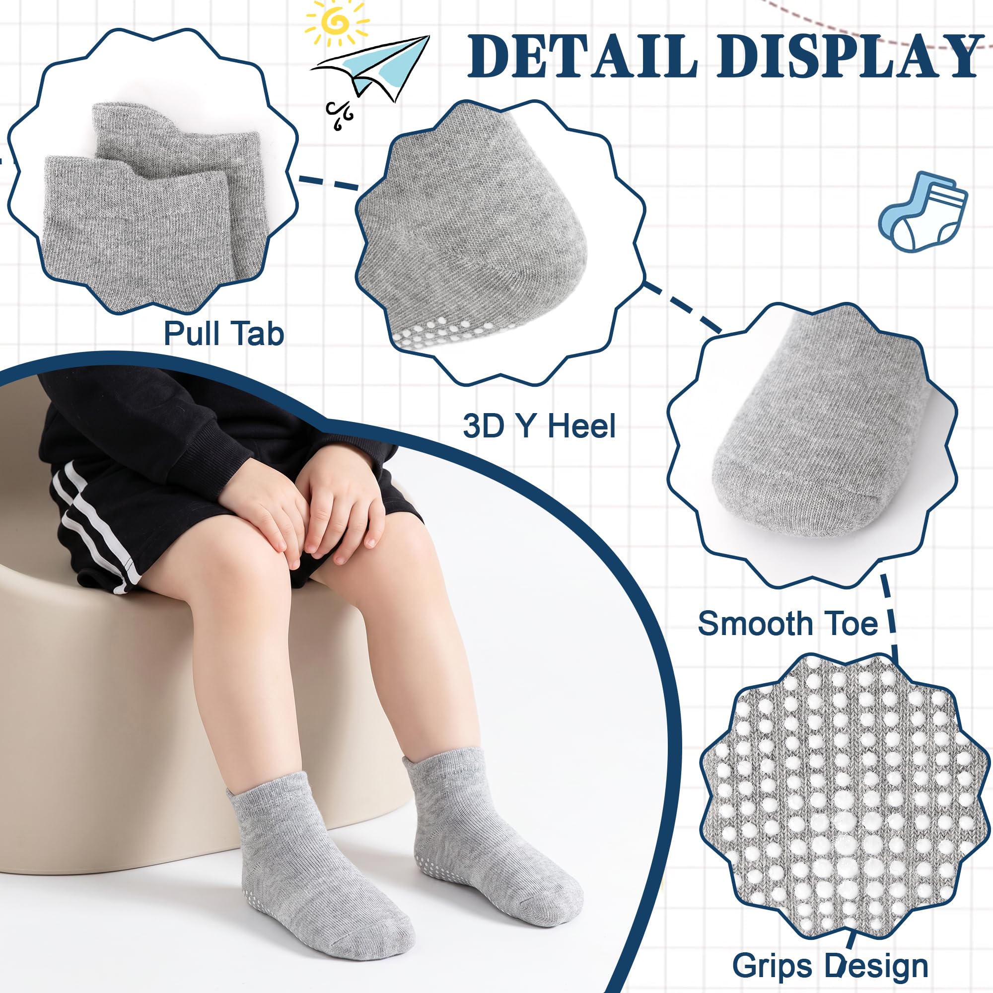 GRPSKCOS Calcetines antideslizantes para bebés de 0 a 7 años, 12 pares de calcetines de tobillo antideslizantes para niñas y niños