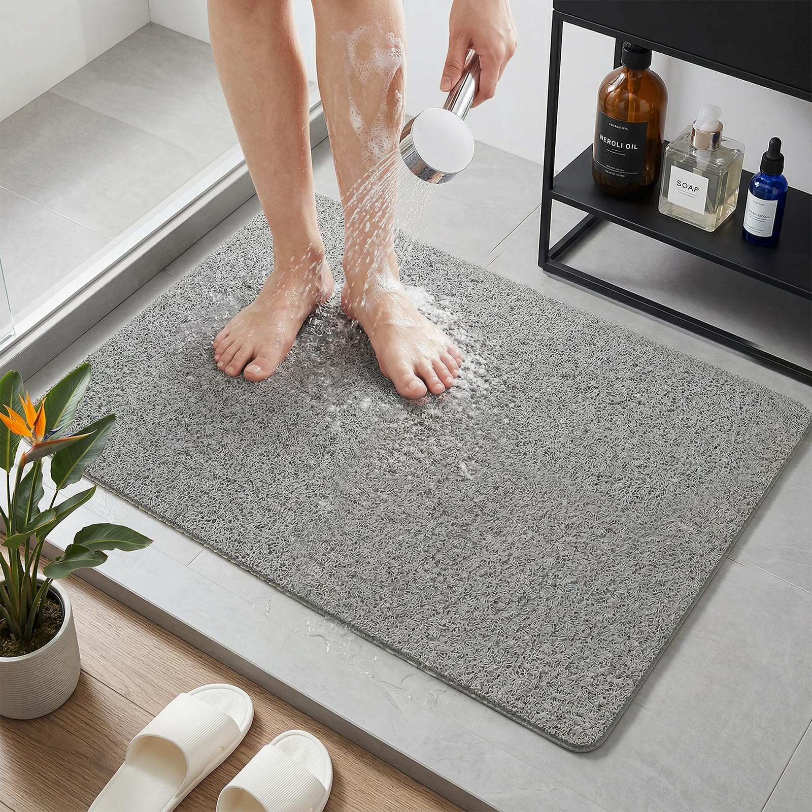 BLESWIN 40 x 100 CM Soft PVC Loofah Shower Mat Extra Long Gray