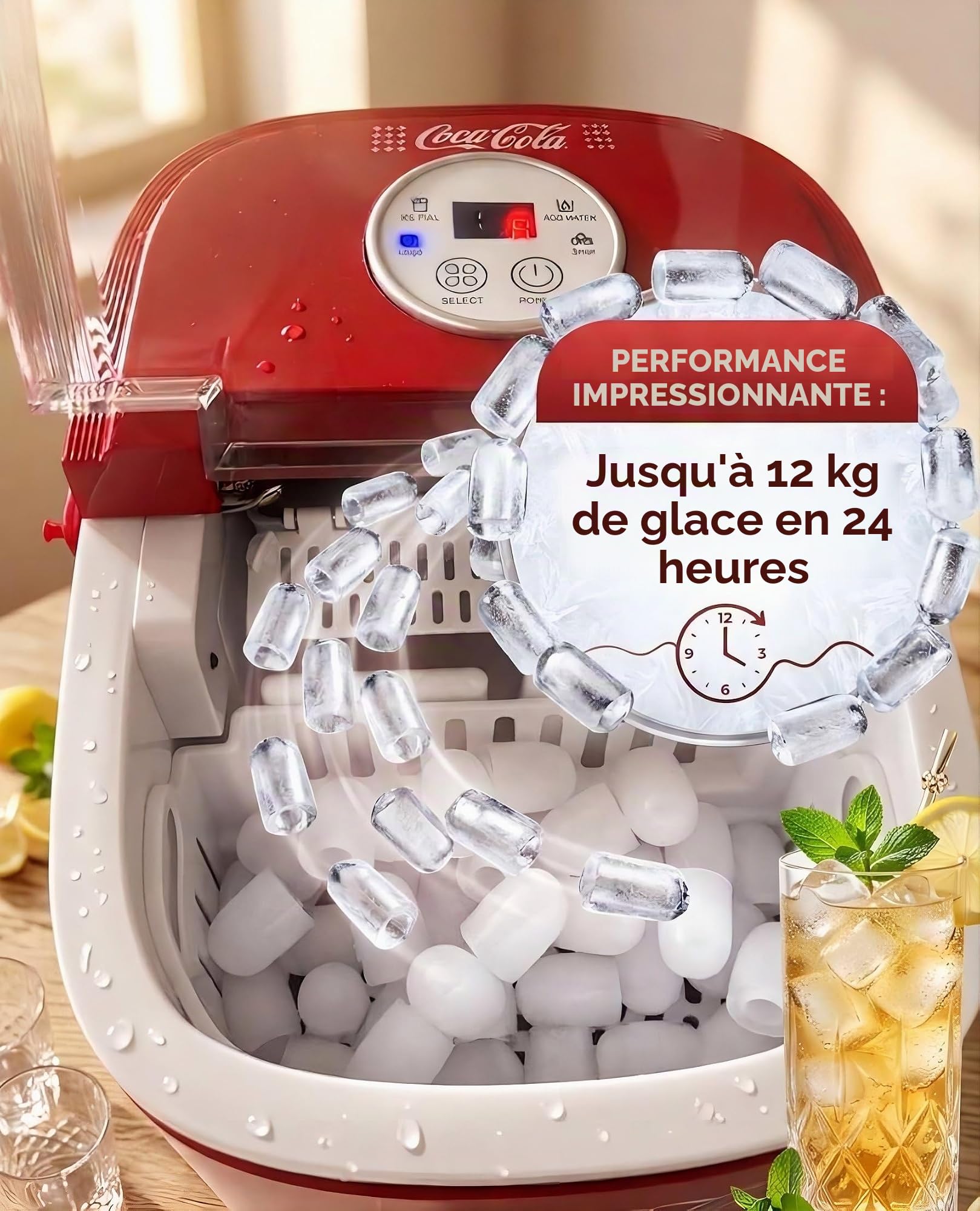 Salco Coca Cola Machine à Glaçons Rouge - Ice Maker avec 2 Tailles de Glaçons - 12kg de Glaçons par Jour - Design Rétro Rouge - Machine à Glaçons Portable pour Cocktails, Boissons & Fêtes