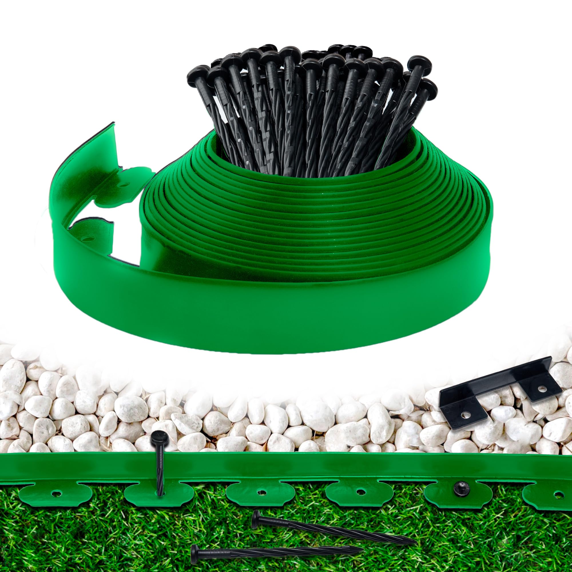 Landscape Edging Border 33 FT 2 Inch Tall with 60 Spikes, Plastic Edging for Landscaping, Garden Edging Border， Flower Bed, Paver and Lawn Edging Border, Green