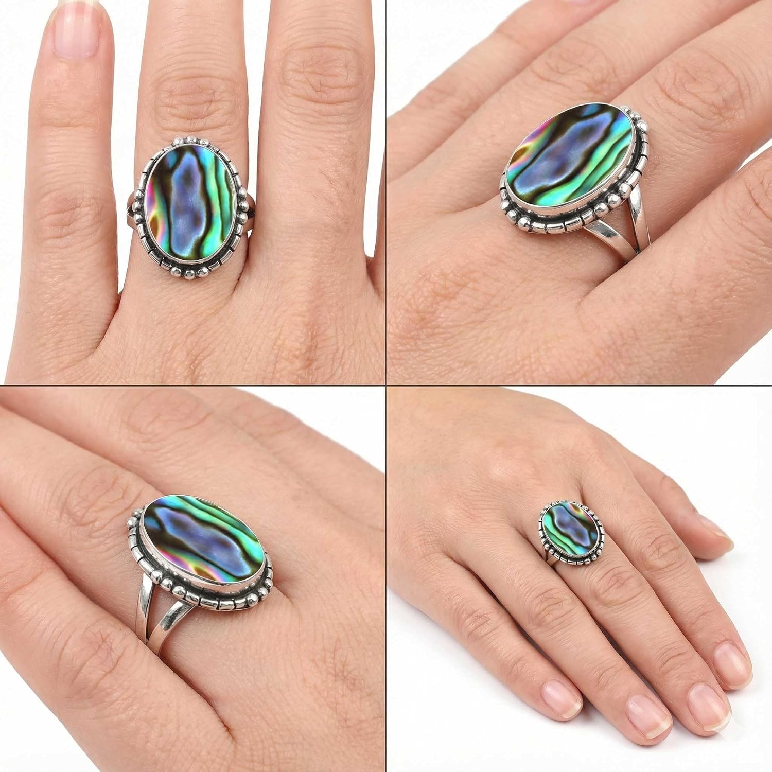 JEWELOPORIUM Chunky Natural Gemstone Ring For Women Moonstone, Tiger Eye, Rose Quartz, Amethyst Oval Boho 925 Sterling Silver Plated Handmade Jewelry
