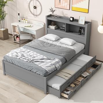 Harper & Bright Designs Full Platform Bed with Twin Size Trundle,Bookcase Headboard,Charging Station and 3 Drawers,Wood Full Storage Bed Frame for Kids,Teens,Adults,No Box Spring Needed Grey