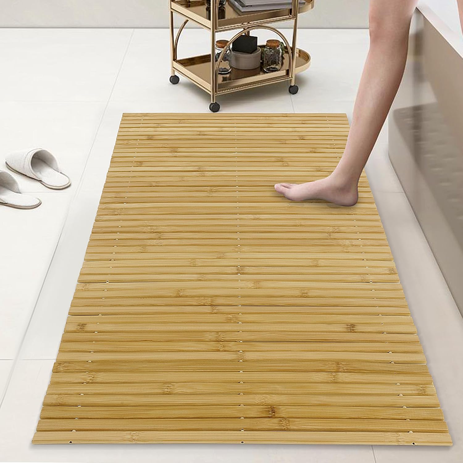 HOMBYS 58x20 Extra Large 100% Bamboo Shower Mat for Shower Stall Tub, Non Slip Long Bath Mat Runner Bathroom Accessories, Quick Drying Mats for Shower