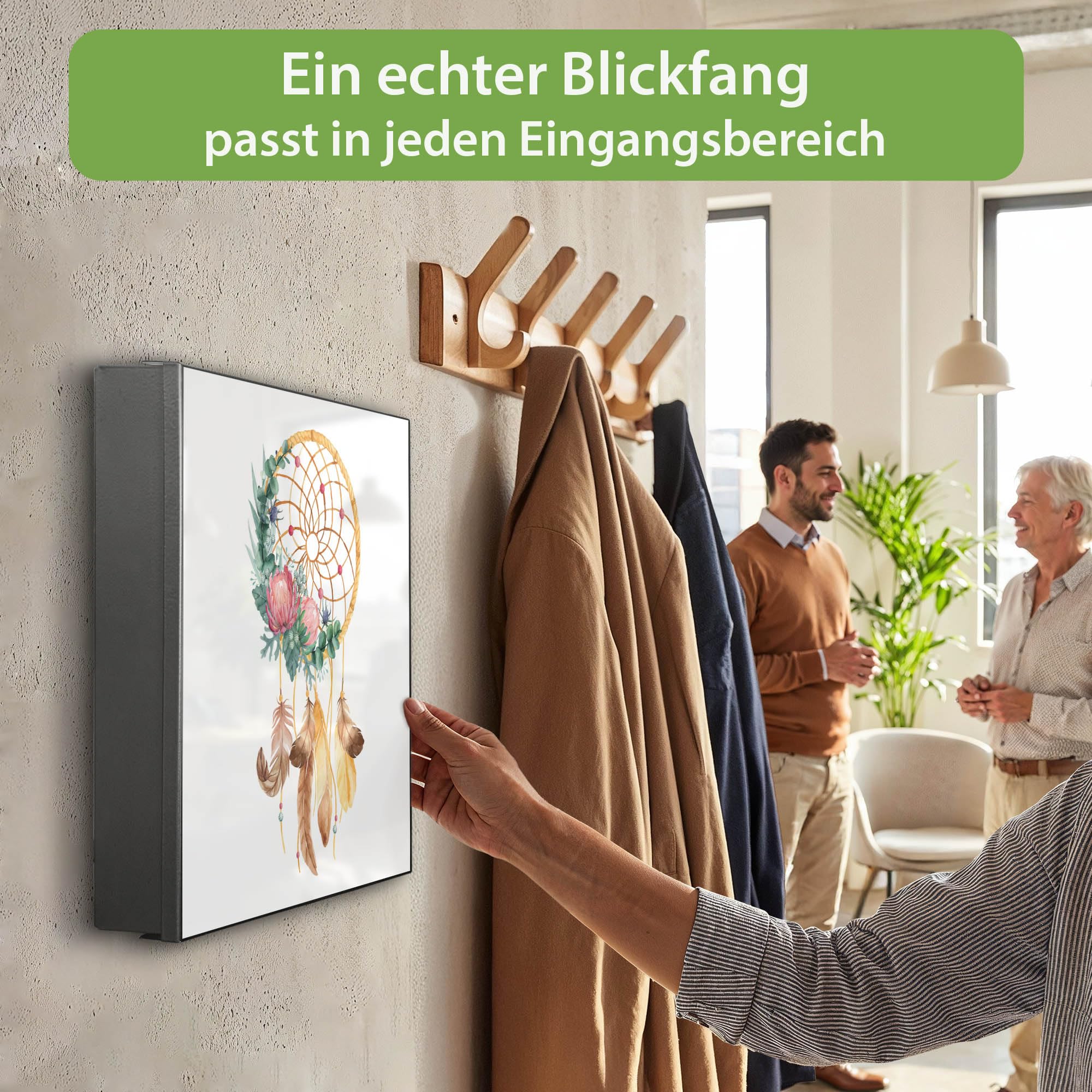 banjado Großer Schlüsselkasten Metall - Schlüsselbox 30x30cm beschreibbarer mit 32 Haken - Schlüsselkasten modern für Schlüsselaufbewahrung - Korpus Schwarz Scharnier Rechts - Motiv Traumfänger Federn