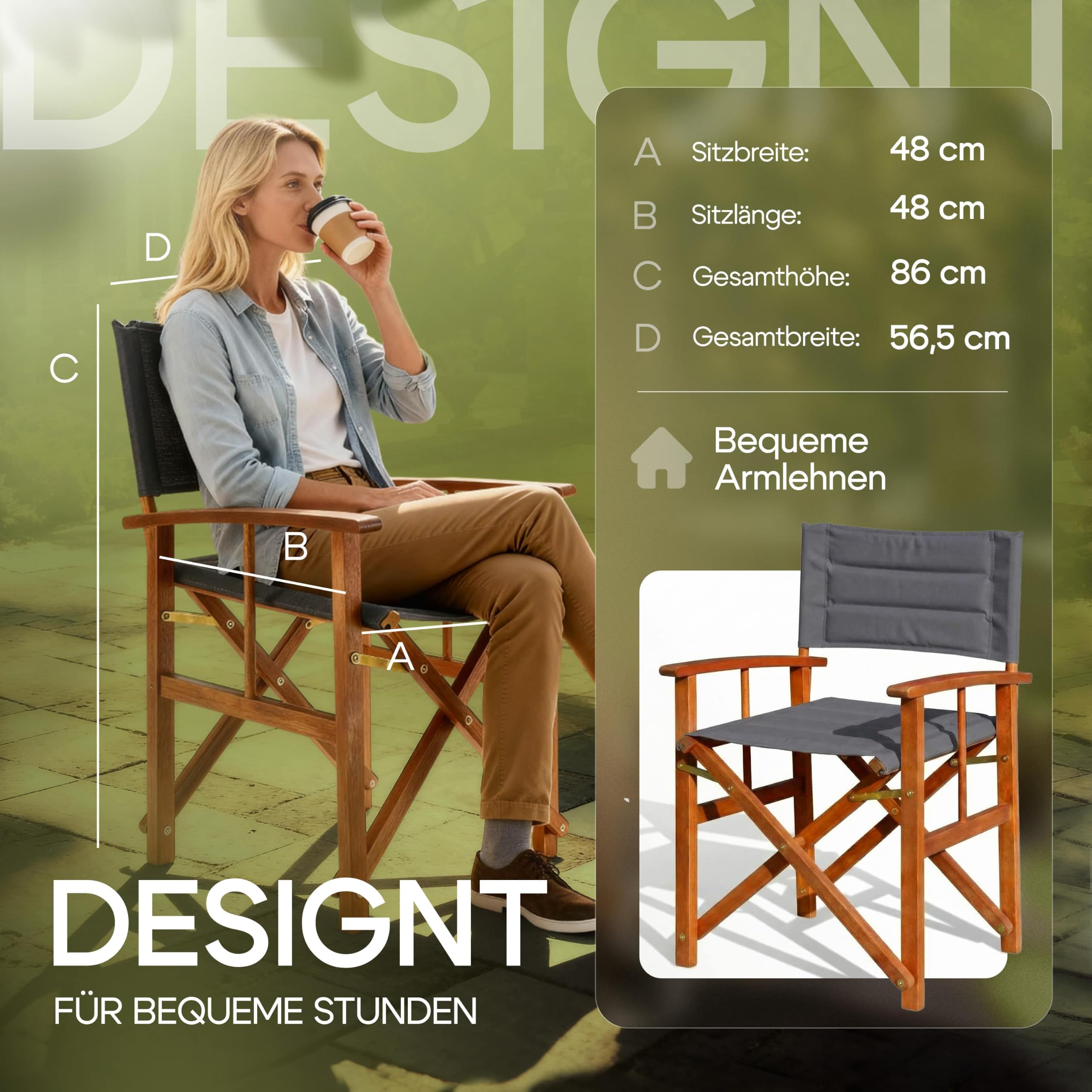 Casaria® Sedia da Regista Premium Imbottita Legno di Eucalipto Certificato FSC® Pieghevole Braccioli Tessuto Lavabile Capacità di Carico fino a 160kg Giardino Esterno Antracite
