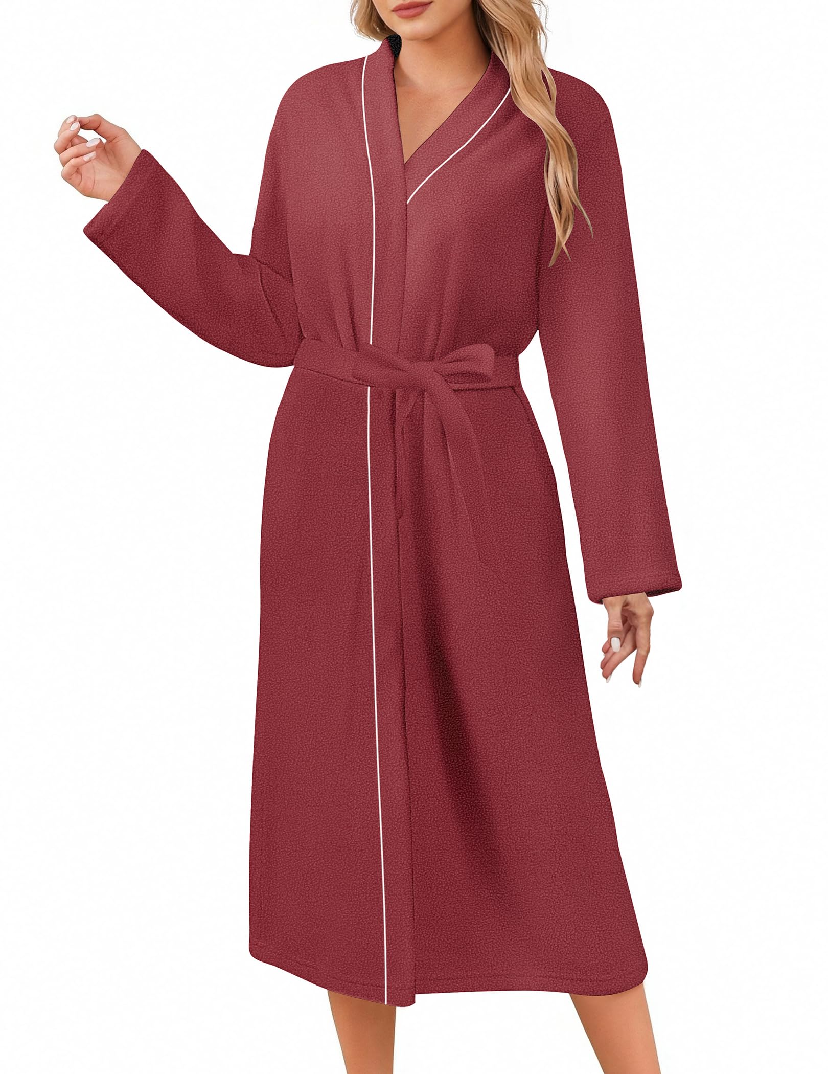 Ekouaer Robes for Women Long Sleeves Bathrobe V Neck Cozy Housecoat Lightweight Fleece Robe with Pockets S-XXL
