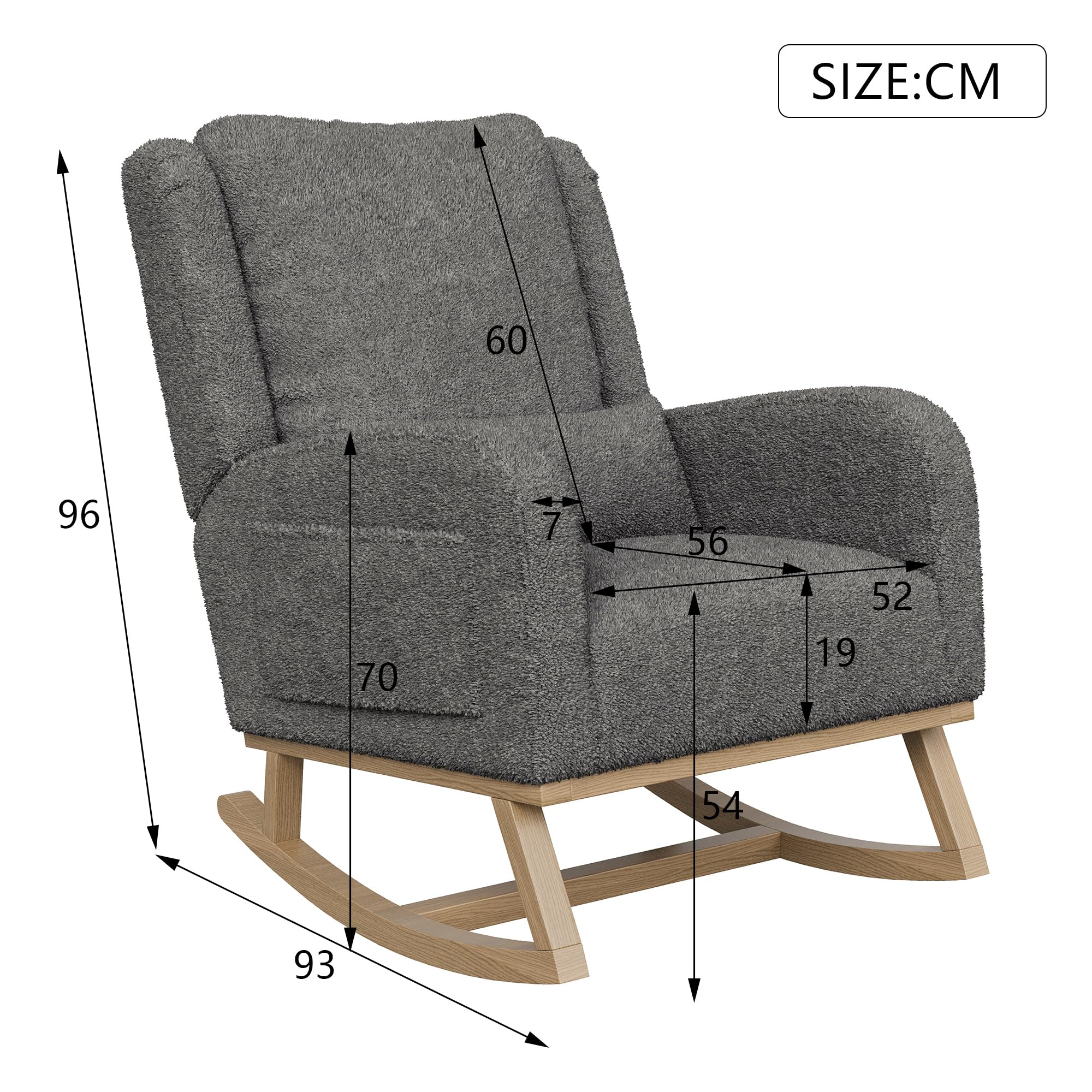 Silla Mecedora, Sillas Mecedoras de Salón, Silla de Lectura con Bolsillos de Almacenamiento en Ambos Lados, Silla Mecedora con Patas de Madera Maciza, 96x94x70cm, Terciopelo Teddy, Gris