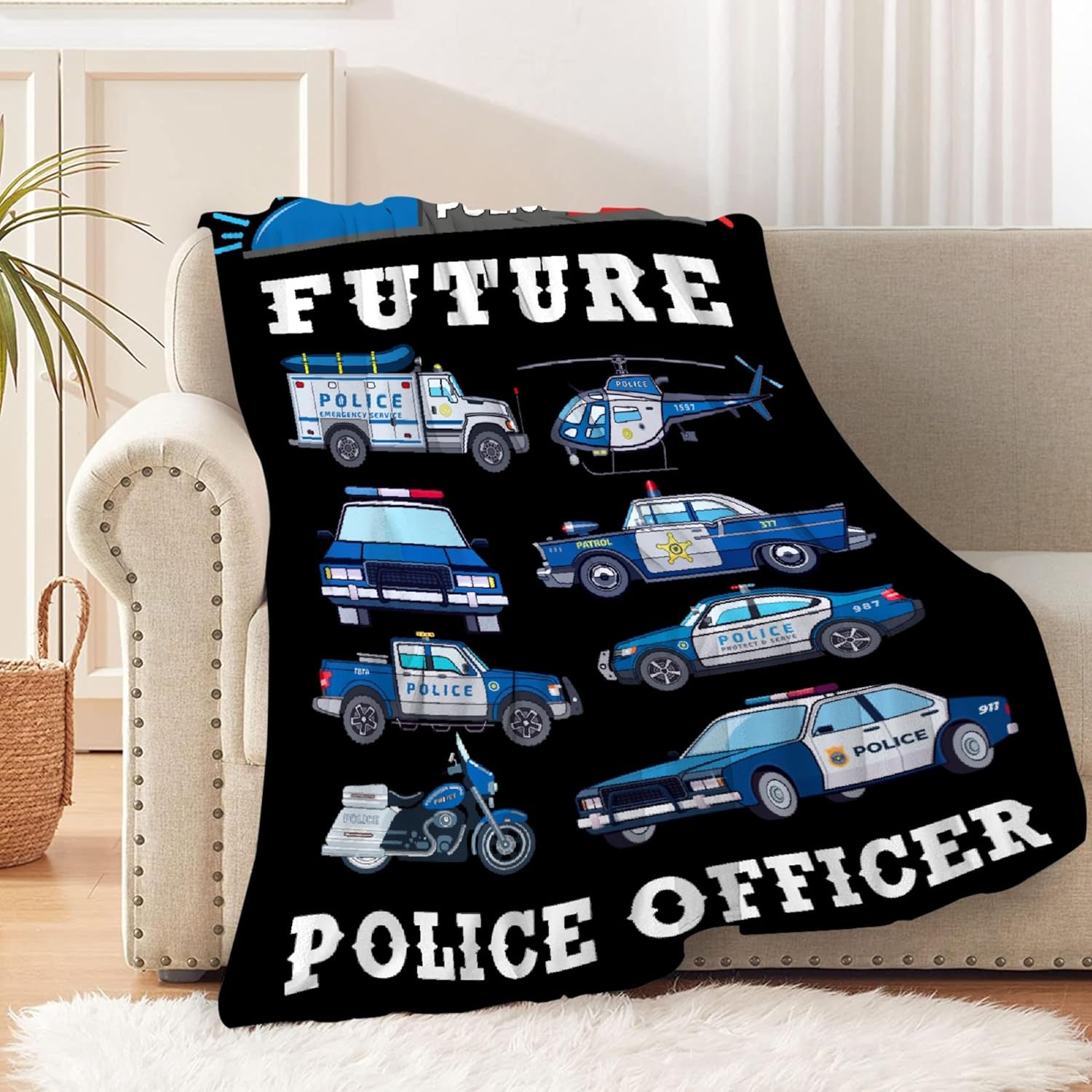 Police Car Blanket for Boys Kids Police Car Lovers Soft Plush Warm Cartoon Car Blanket for Couch Bed Sofa Decor Birthday Police Blanket Police Gifts 50"x60"-M