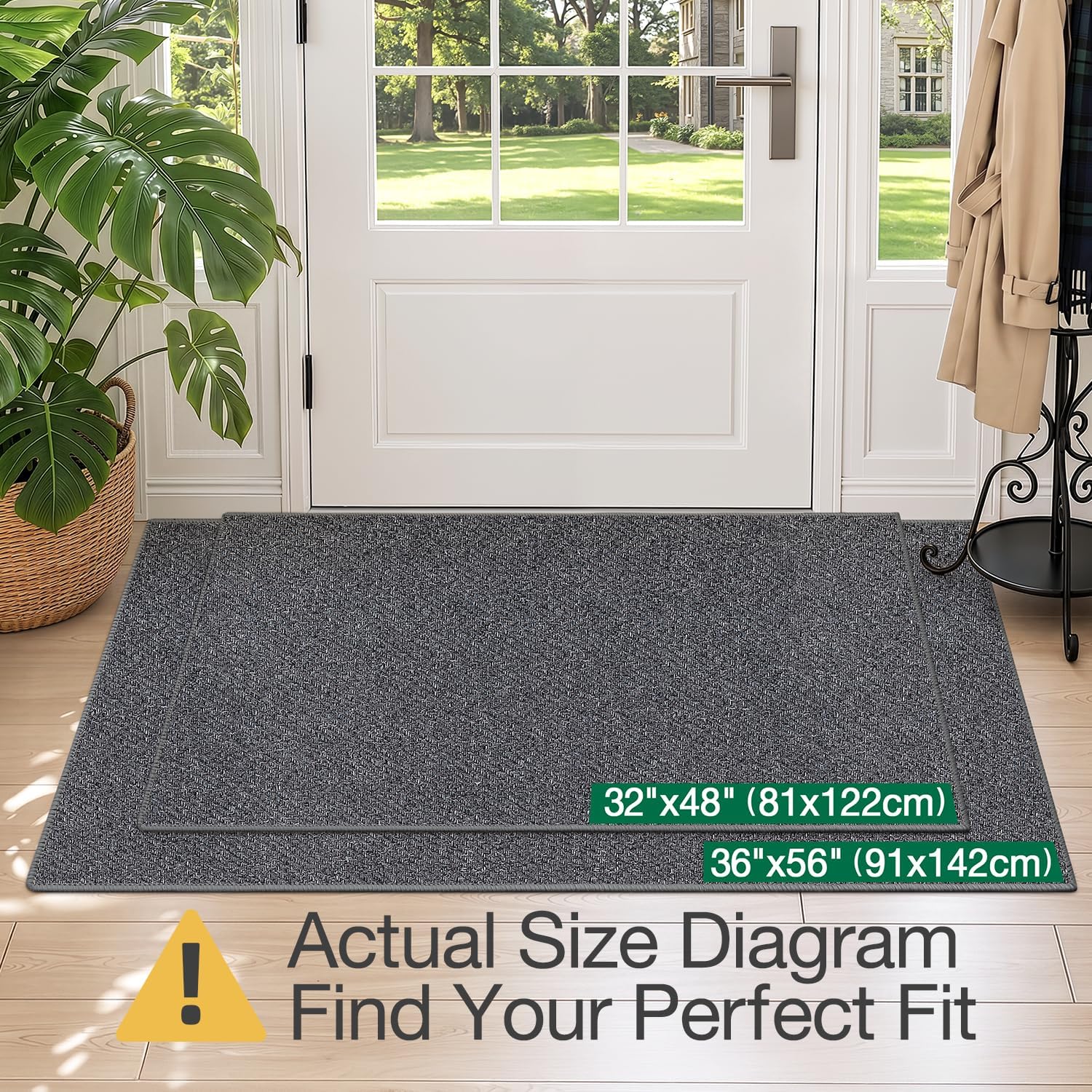 Ultra Thin Indoor Door Mat for Entrance 32x48, Non Slip Entryway Mat, Low Profile Doormat, Unique Herringbone Design Carpet for Inside, Patio, Porch, Charcoal Gray