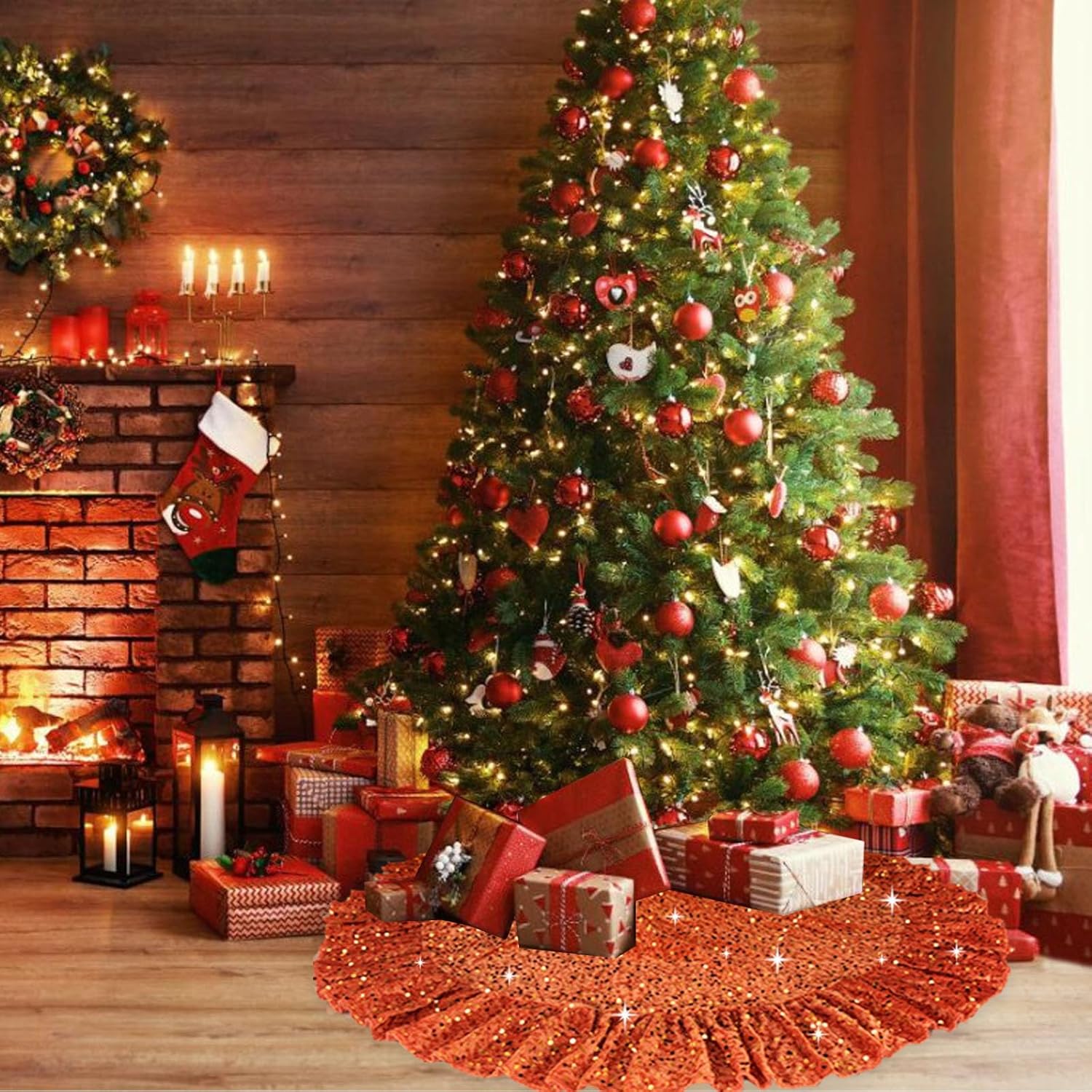 Fall Tree Skirt 45 Inch Orange Christmas Tree Skirt Ruffle for 6ft Artificial Trees Sequin Halloween Trees Skirts Velvet Xmas Tree Base Cover for Thankgiving Christmas Trees Home Decorations