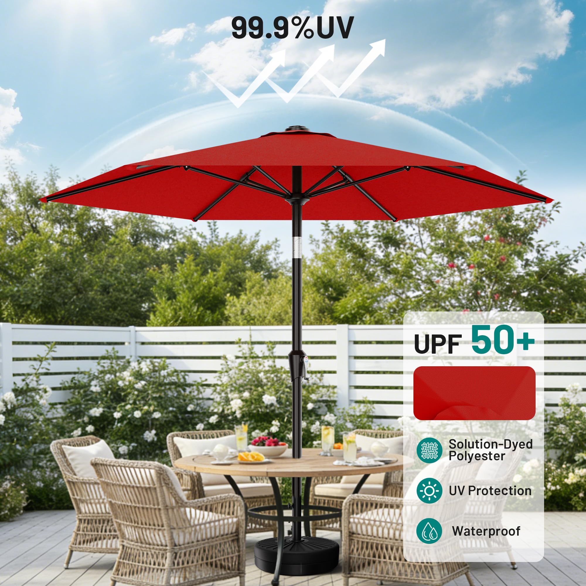 AreShark 10 FT Patio Umbrella for Outdoor, Outdoor Table Umbrella with Push Button Tilt and Crank, Outdoor Patio Umbrellas with 6 Sturdy Ribs, Patio Umbrellas for Market, Garden, Pool (Red) — view 4