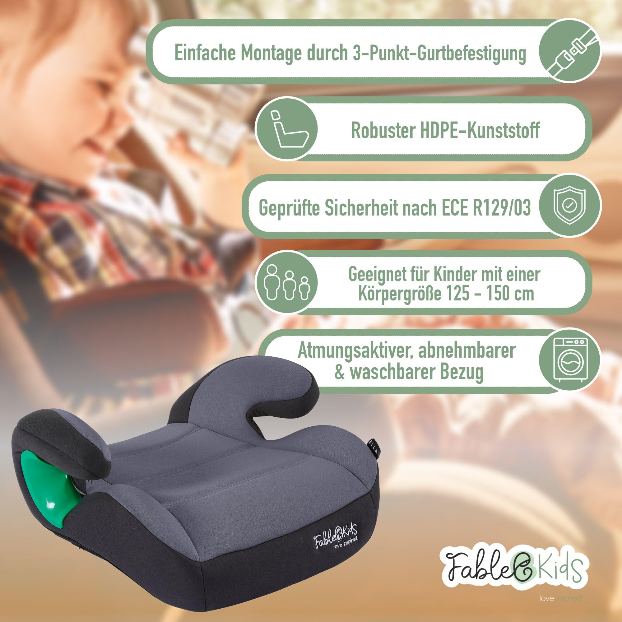 FableKids Sitzerhöhung Auto Kinder | 3-Punkt-Sicherheitsgurt | Kindersitzerhöhung bis 12 Jahre | Autositz für Kinder 125-150 cm | Kindersitzerhöhung ECE R129/03 | Grau