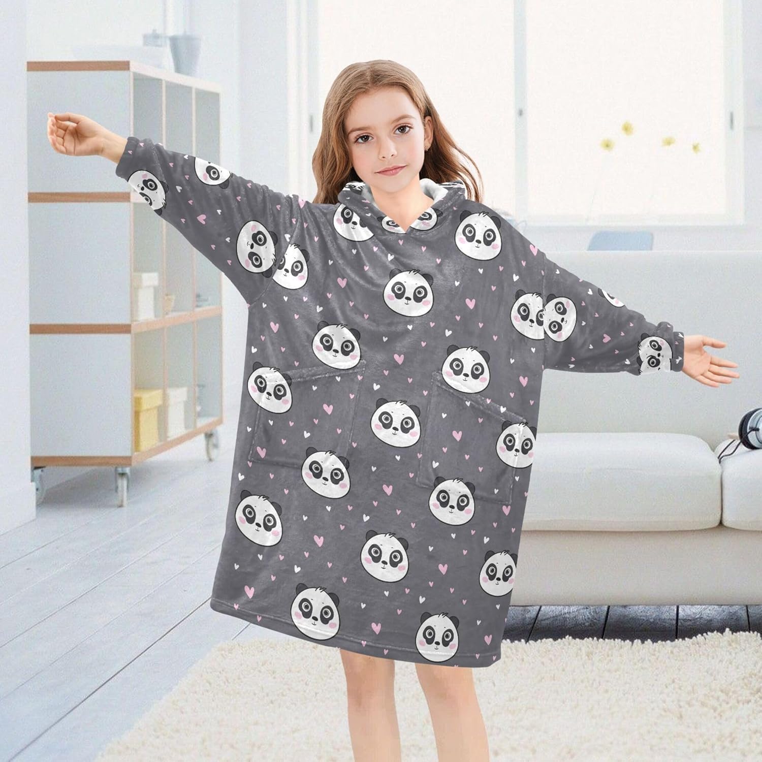Cute Panda Kids Wearable Blanket Hoodie with Pocket and Sleeves for Toddlers, Cute Hoodies Girls Boys B0404187
