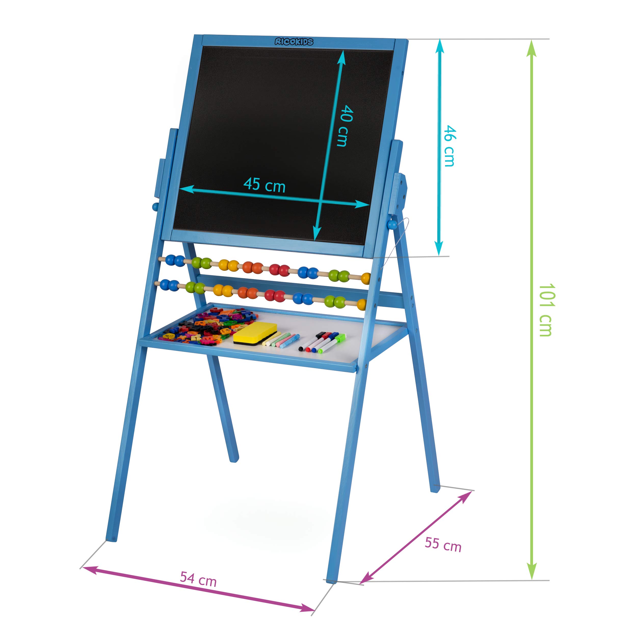 Tableau de jeu pour enfants - Tableau blanc magnétique et tableau à craie - Chevalet en bois Ricokids (bleu)