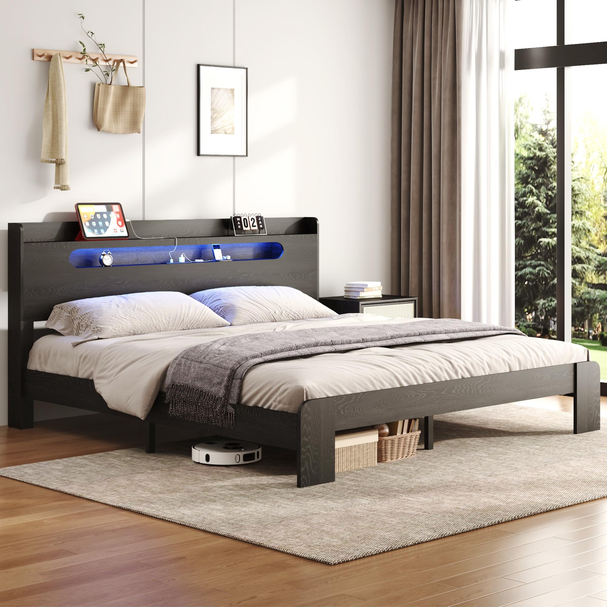 PAUKIN King Size Wooden Bed Frame with Headboard, Platform Bedframe with Charging Station & Led Lights, Sturdy and Stable Wood Bed Frame, Wood Slat