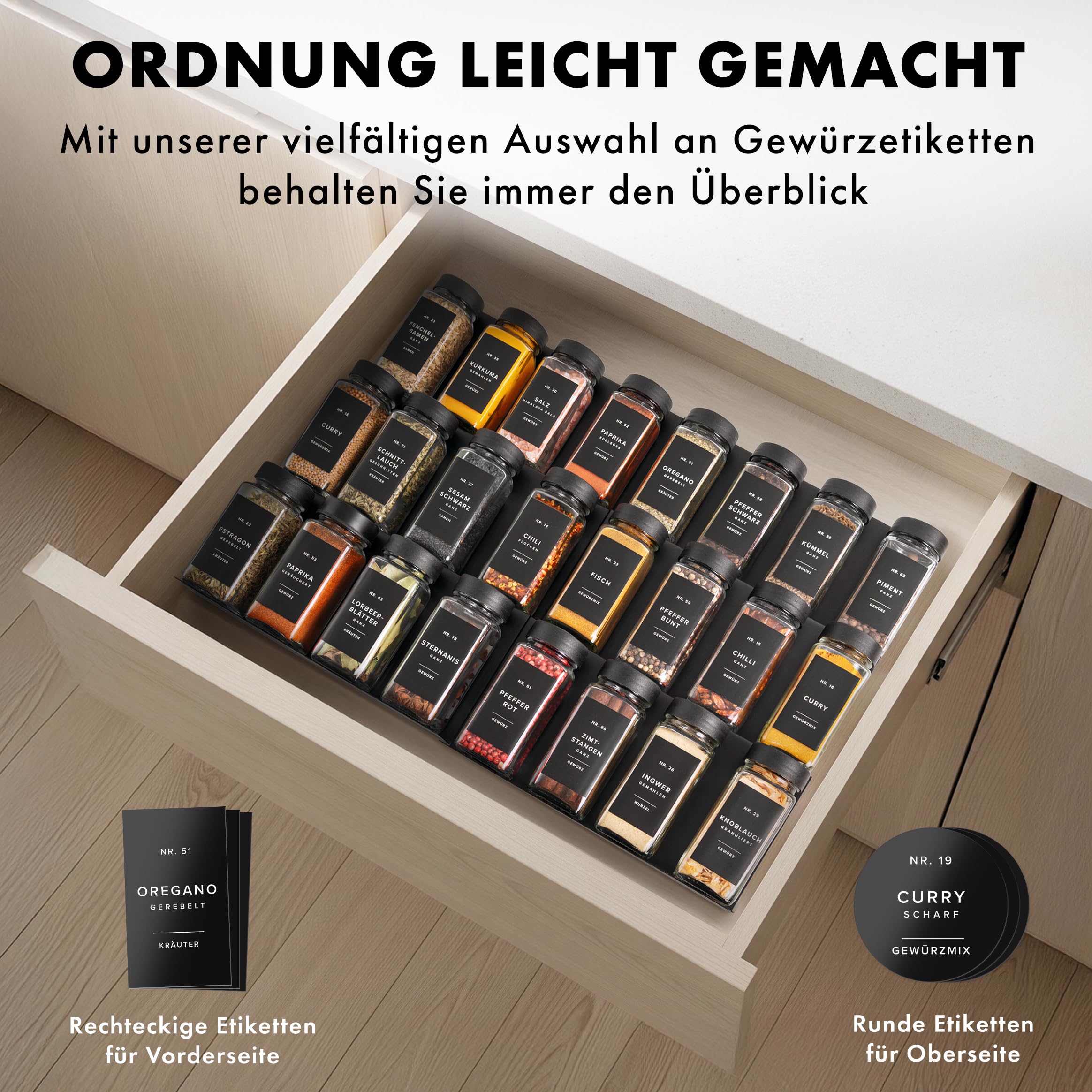EDELHAUS Gewürzregal Schublade Metall Verstellbar mit 24 Gewürzgläser und 240 Ettiketen - Gewürz Organizer Schublade Küche - Schubladeneinsatz Gewürze Aufbewahrung - Gewürzaufbewahrung - Gewürzeinsatz