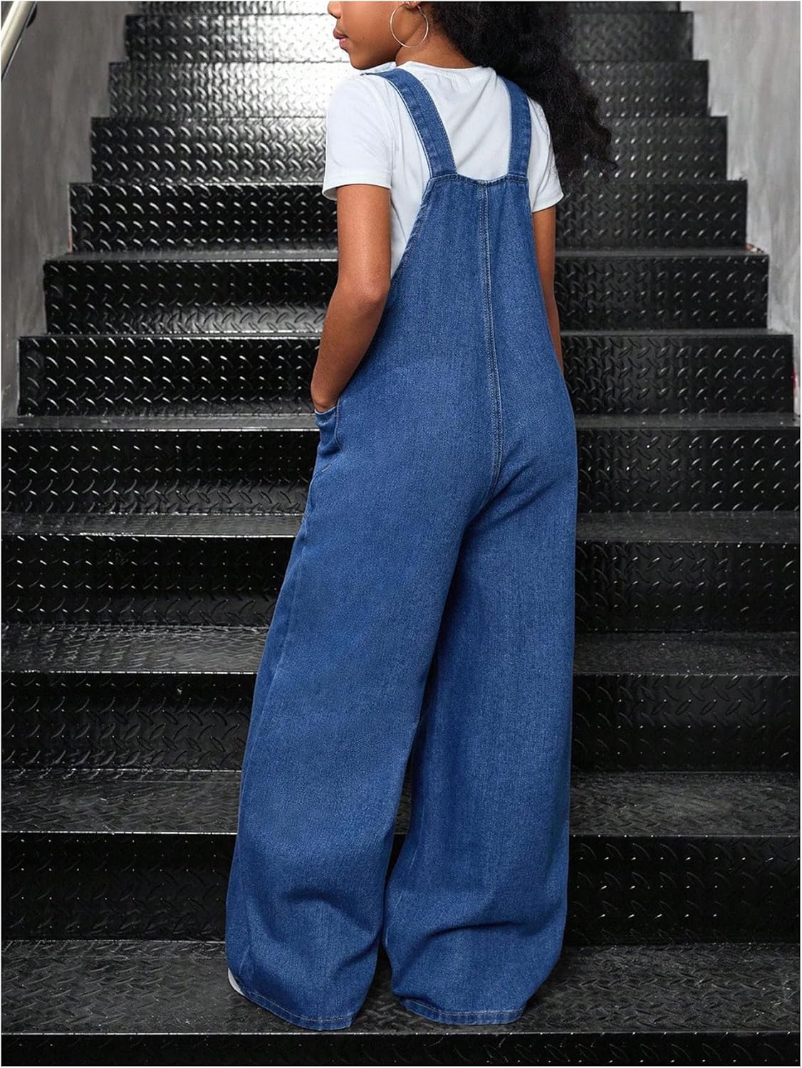 Floerns Girl's Denim Overalls Sleeveless Wide Leg Casual Jean Jumpsuit with Pockets