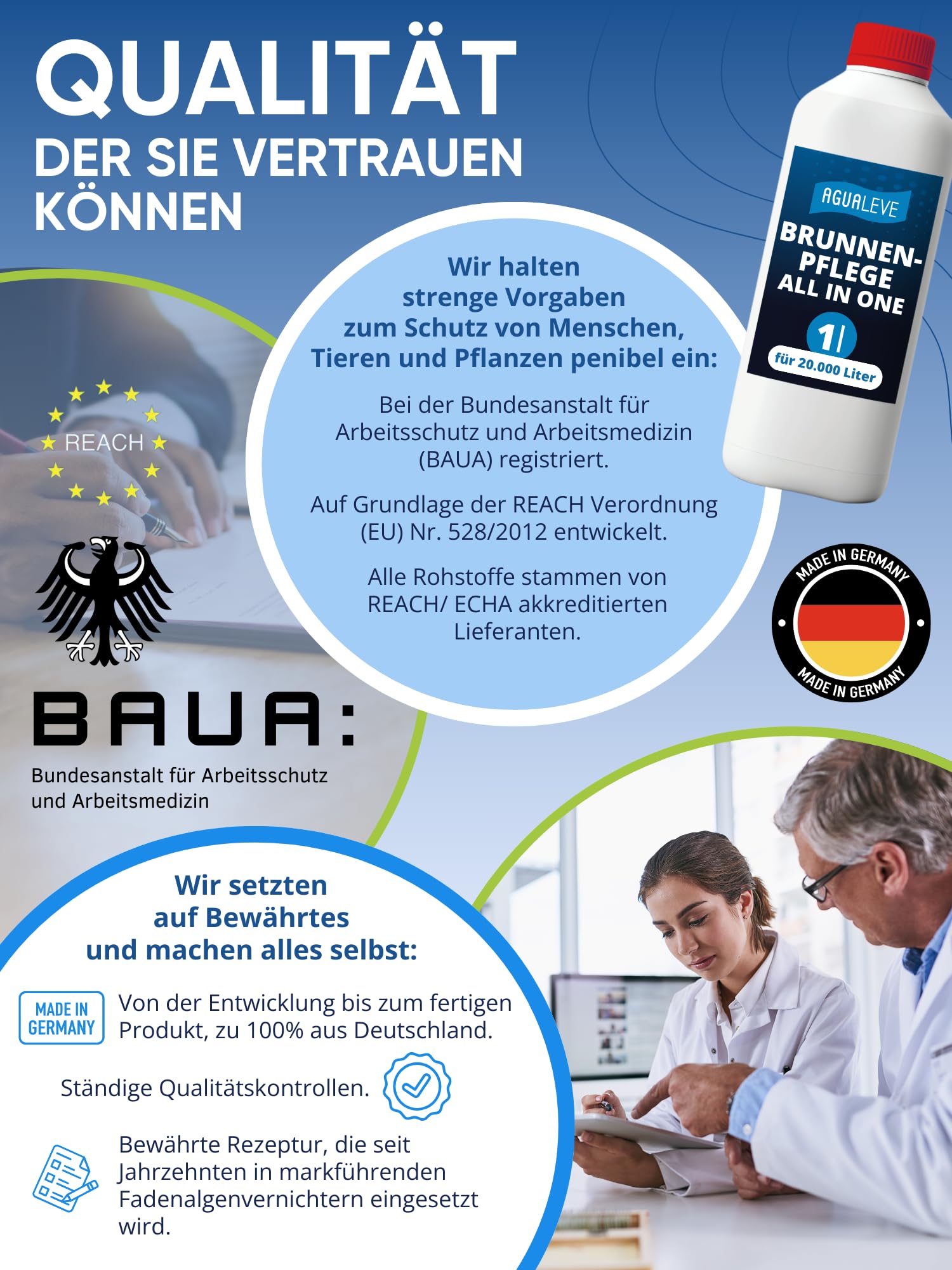 AGUALEVE® Brunnenpflege All in One 1 Ltr. *NEU* | Desinfektion, Algenschutz, Kalkschutz und Kristallklareffekt | für alle Brunnen geeignet, die Nicht säureempfindlich sind | Made in Germany