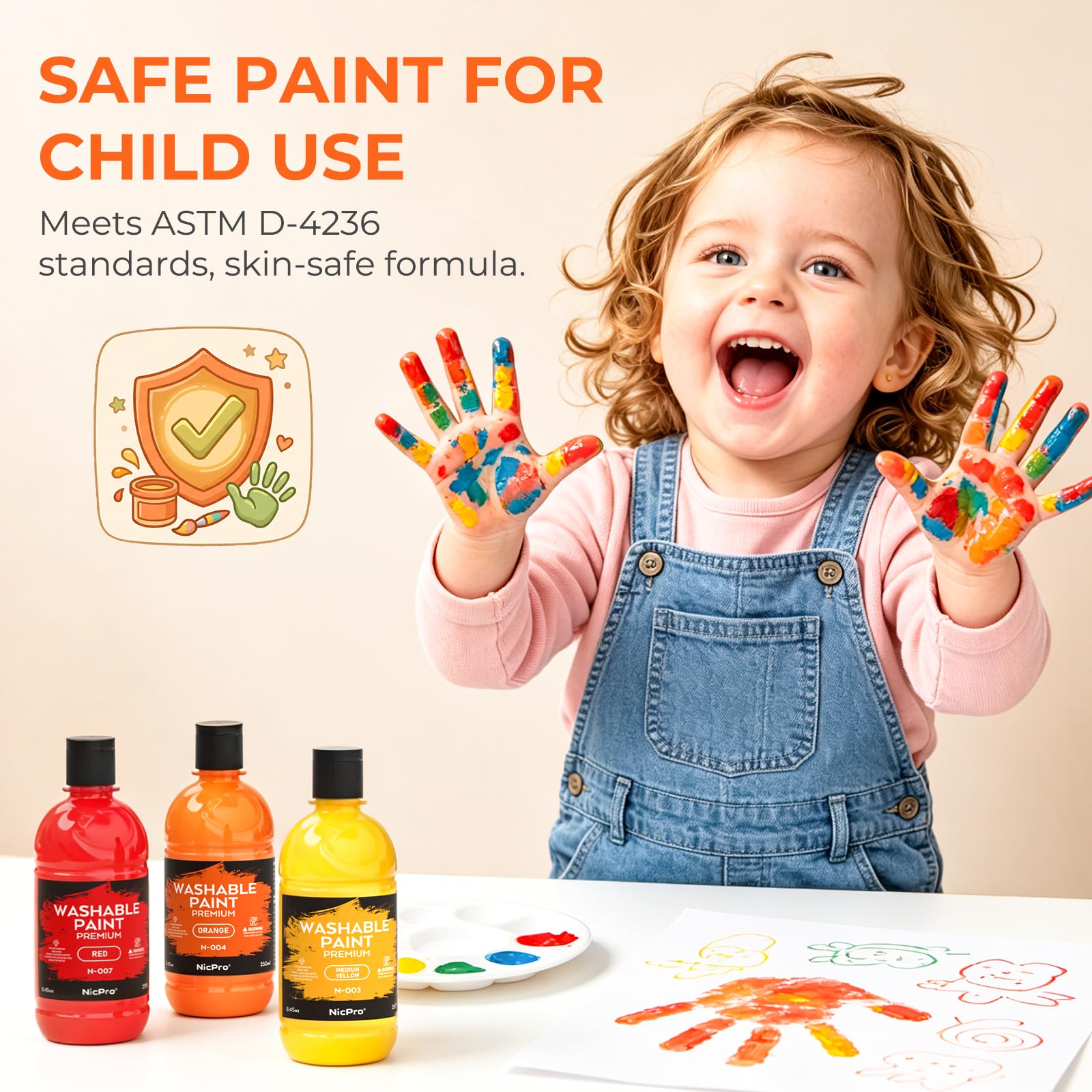 Nicpro Pintura lavable para niños, 14 colores, 250 ml, no tóxica, con pinceles, vasos y esponja