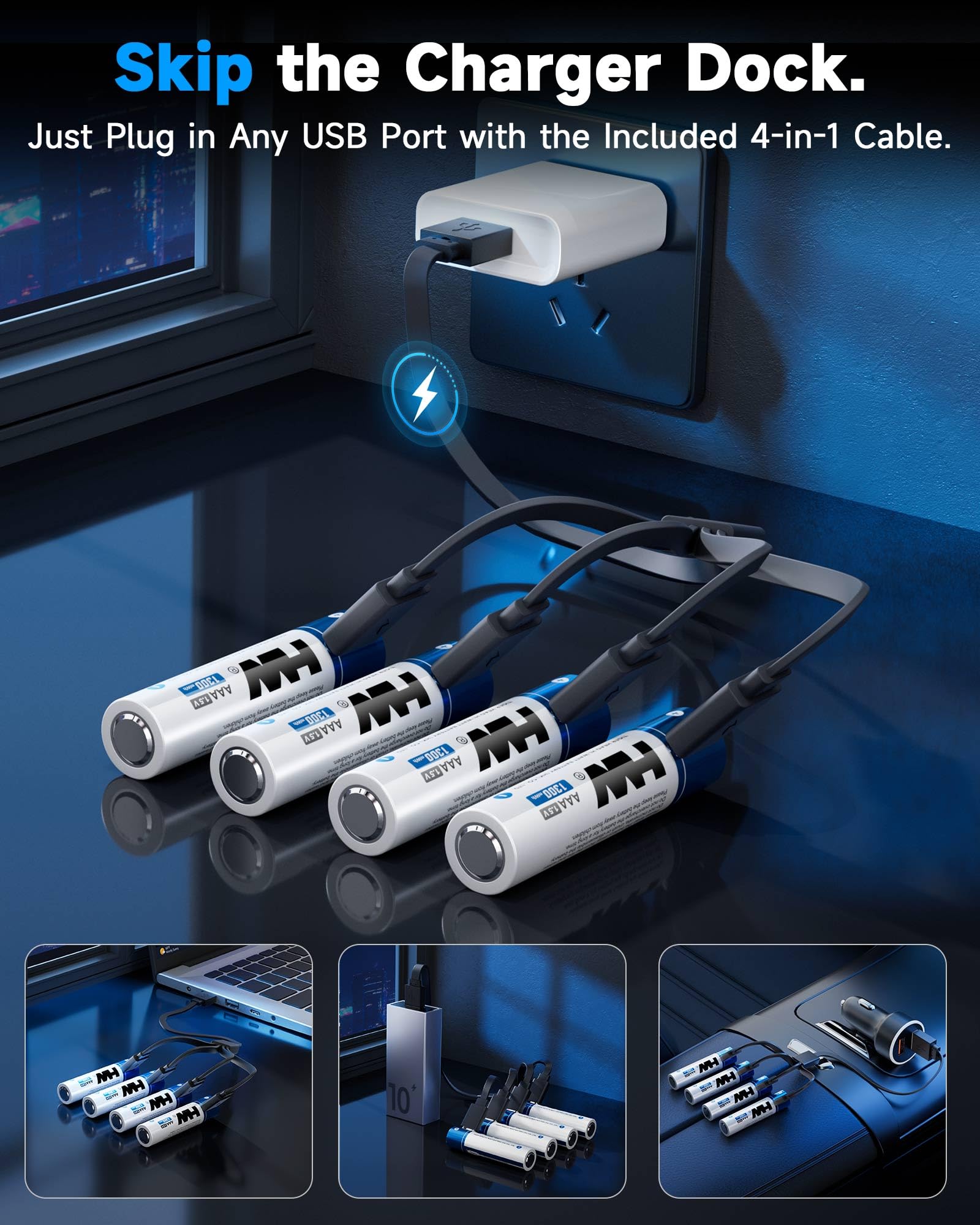 HW Batería de litio recargable AAA, [1,5 V, paquete de 8] Baterías 3A de 1300 mWh con cable USB-C, baterías Triple A de 1600 ciclos para controles remotos, mouse inalámbrico, linternas LED, juguetes