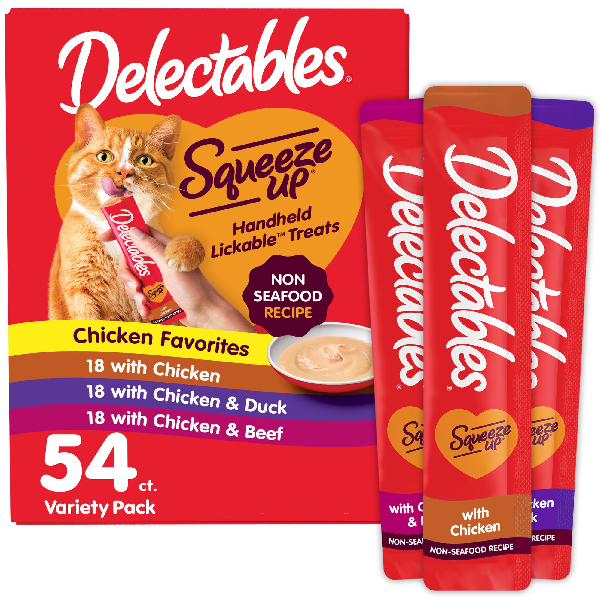Delectables Squeeze Up Non-Seafood Variety Pack, Creamy Squeezable Puree, Lickable Wet Cat Treats, Grain Free, No Added Fillers, No By-Products, No Added Preservatives, 0.5 Ounces Tube, 54 Tubes Total