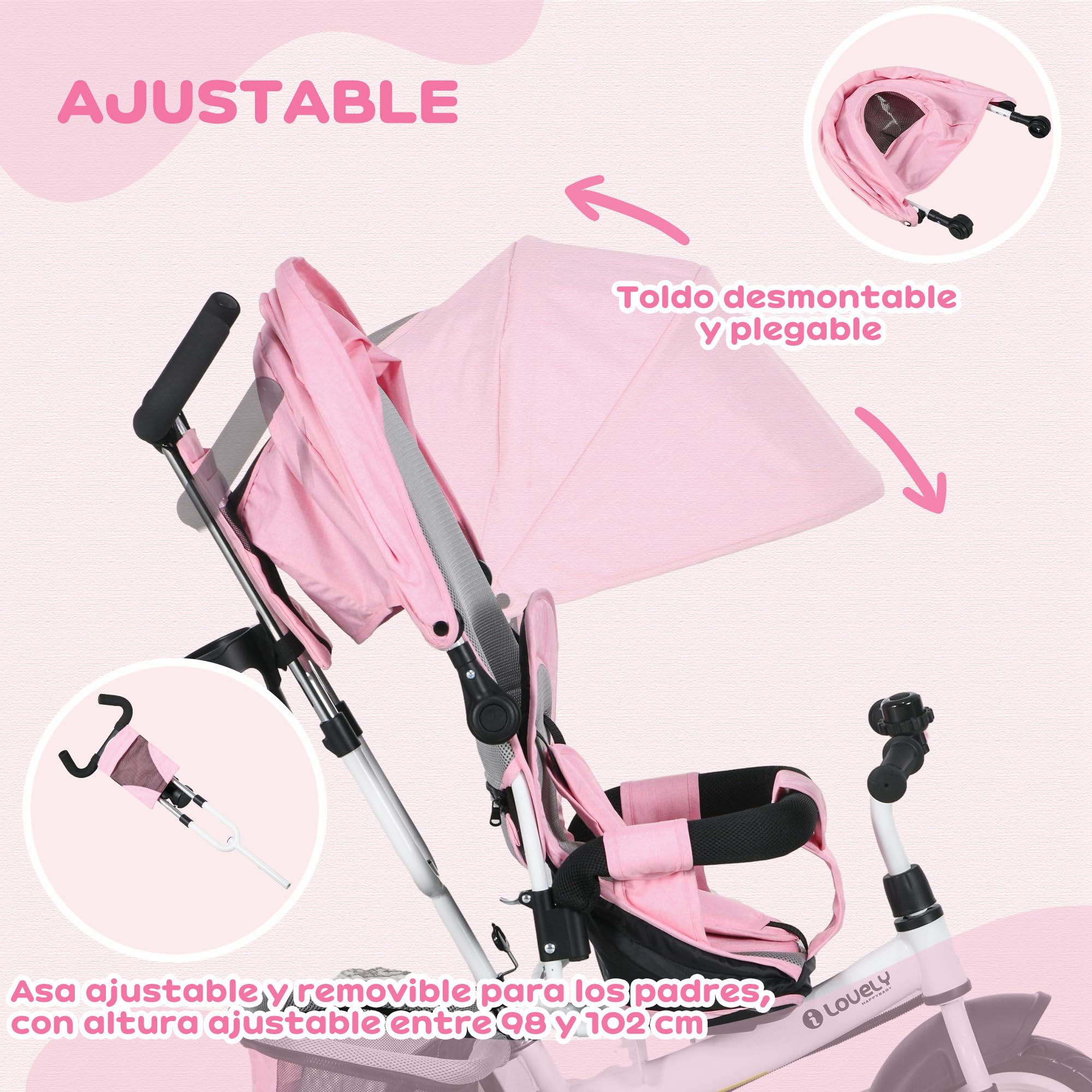 HOMCOM Triciclo para Bebés Triciclo Evolutivo para Niños con Toldo Plegable Mango de Empuje Telescópico y Desmontable Bolso para Mamá y Portabotellas 102x49x102 cm Rosa