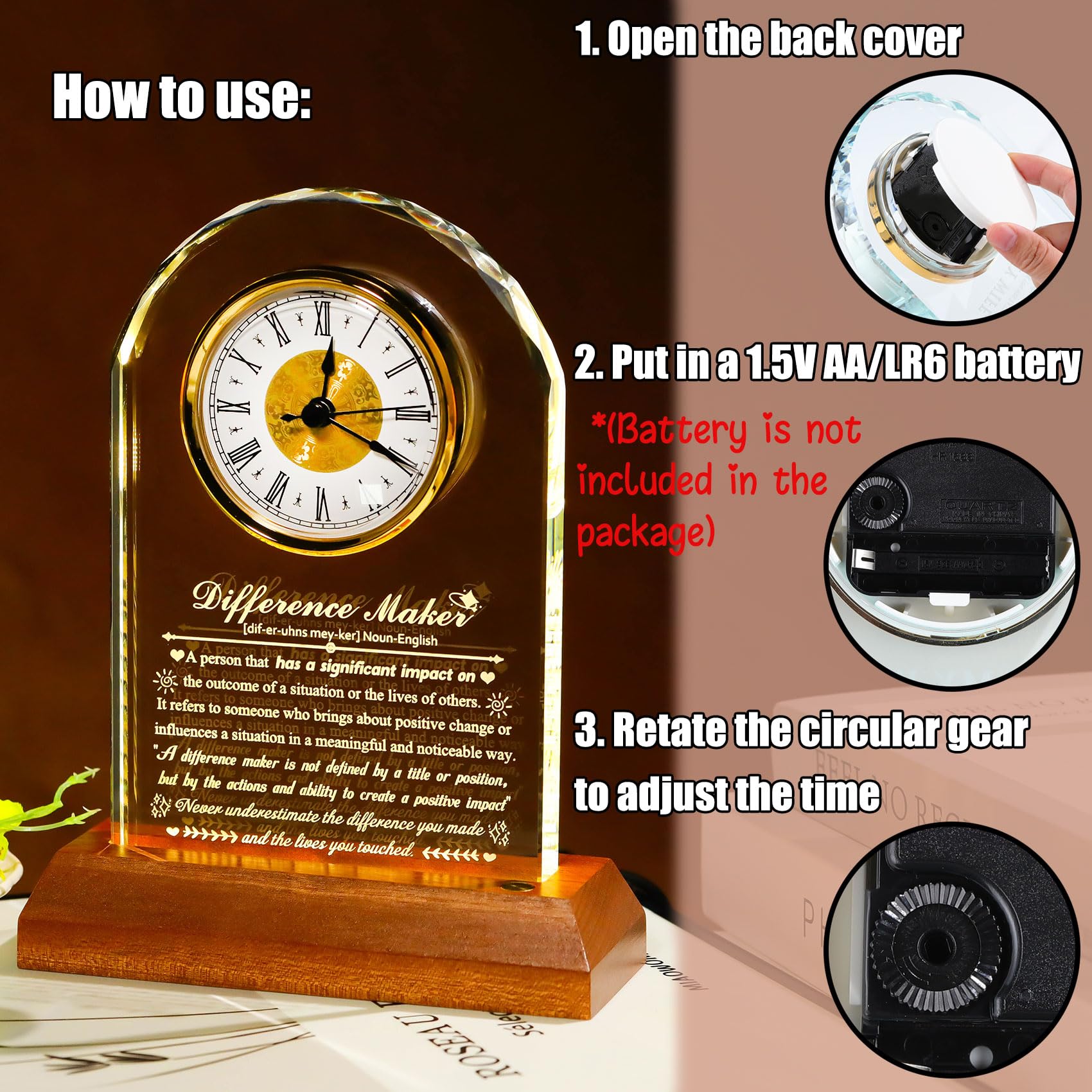 Arikyrist Reloj de cristal con base de madera, agradecimiento, agradecimiento, jubilación, regalos motivacionales para compañeros de trabajo, empleados, líderes, decoración de escritorio de oficina
