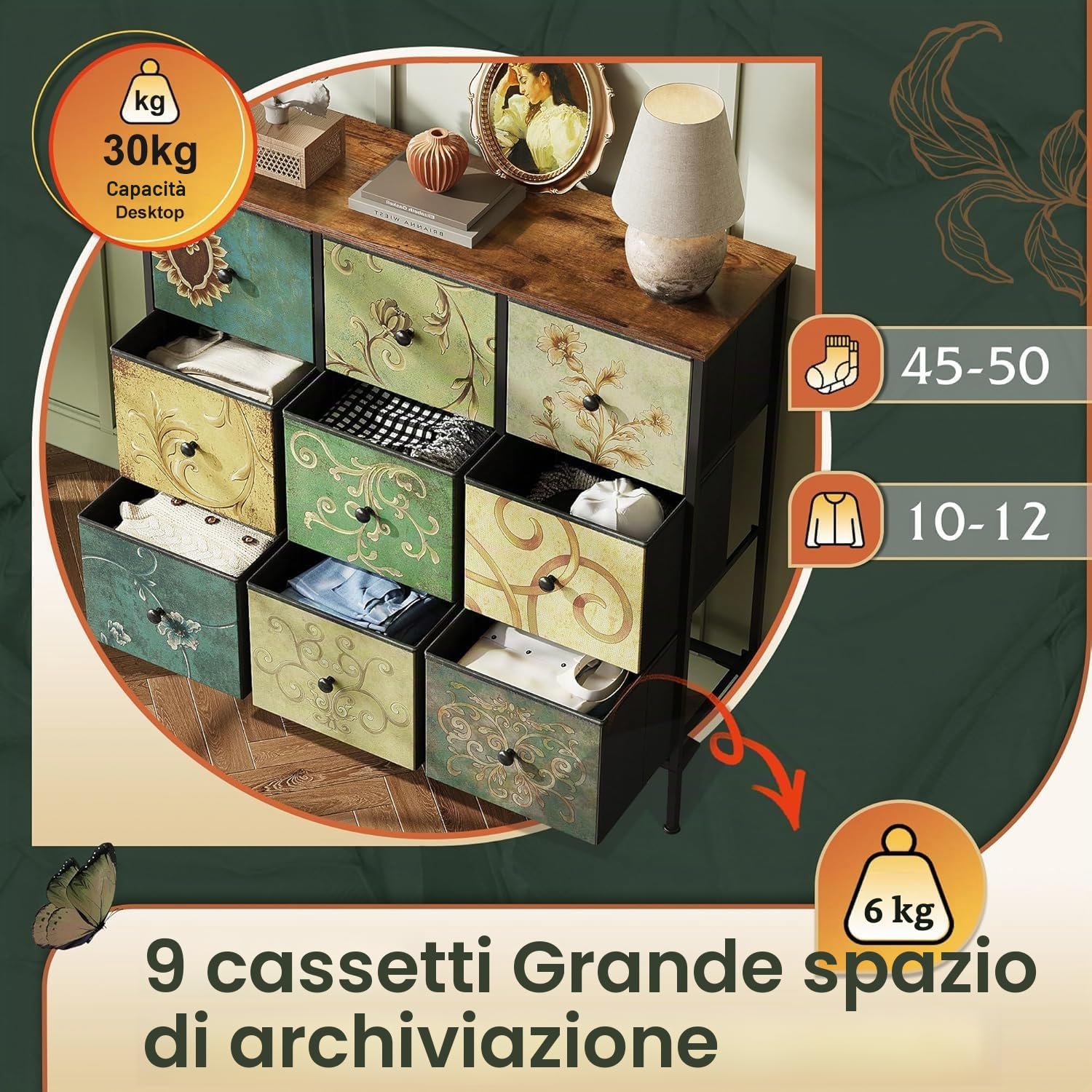 Cassettiera con 9 cassetti in tessuto, mobile di stoccaggio rustico con gambe regolabili, cassettiera per camera da letto con ripiano in legno, armadio portaoggetti vintage, camera dei bambini (retrò