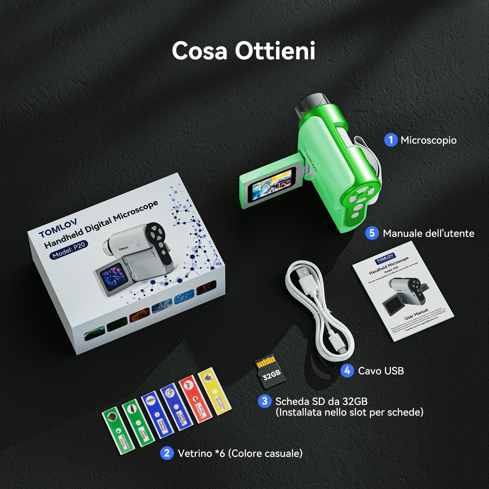 TOMLOV P20 Microscopio Digitale Portatile, Miniscopio 3-in-1 per Bambini, Telecamera DV 1080P con Schermo LCD da 2", Compatibile con PC, 4 Ore di Autonomia, 6 Luci LED, 6 Vetrini, 32GB (Verde)