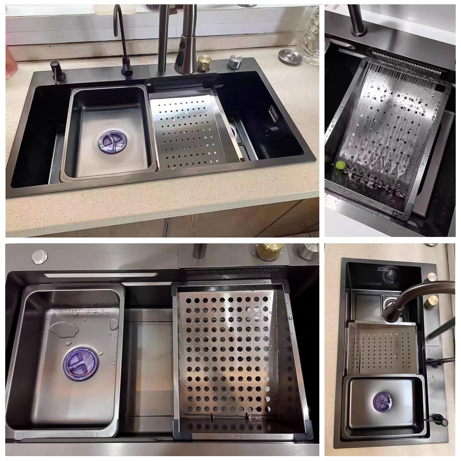Lavello da Cucina di Grandi Dimensioni con postazione di Lavoro, lavello Multifunzionale per Bar con Rubinetto a Cascata, Kit lavabicchieri e scolapiatti, lavello a Vasca Singola i