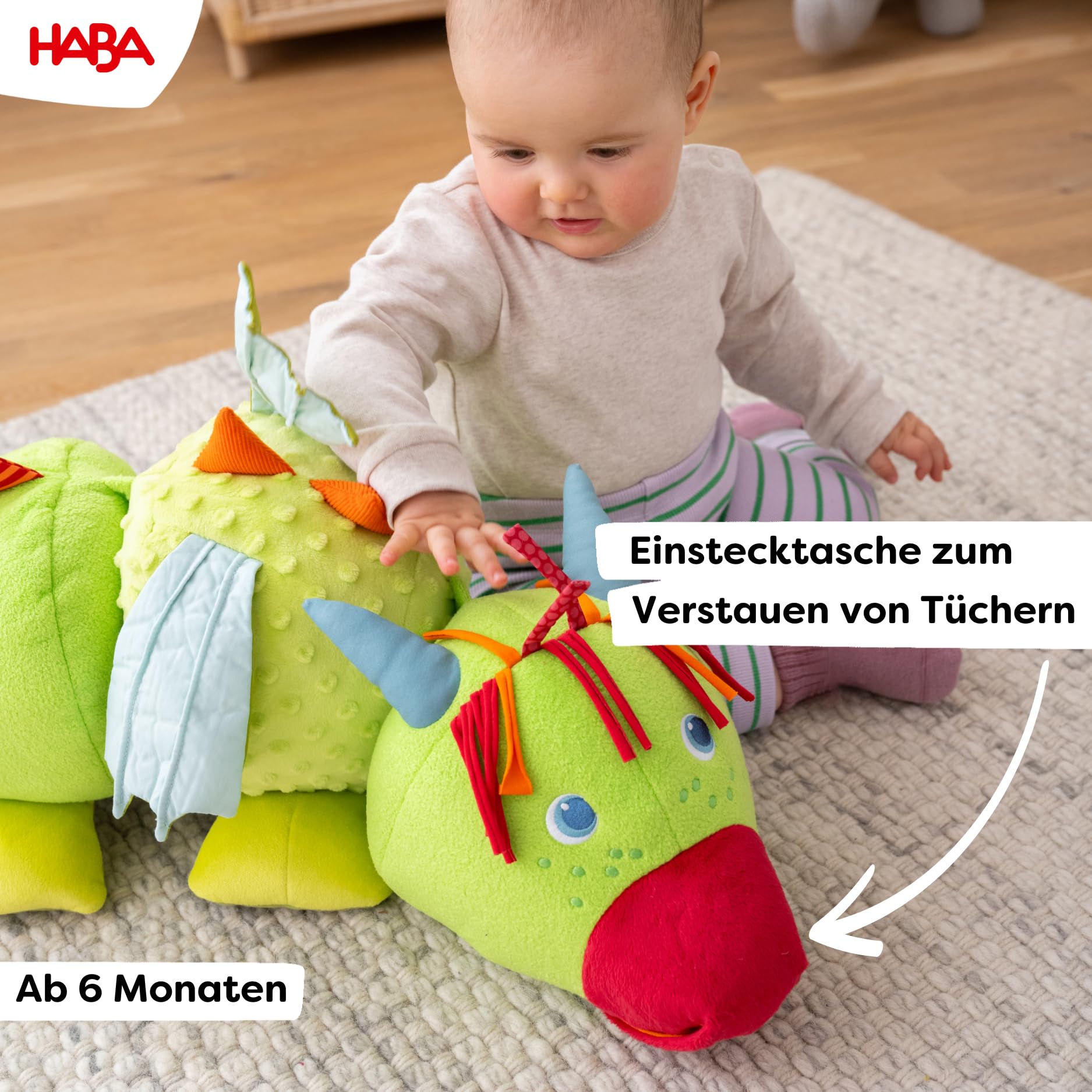 HABA Entdeckertier Drache Rudy – Plüschdrache mit akkustischen & haptischen Elementen, Rassel, Quietsche und Spiegel, Kuscheltier für Kinder ab 6 Monaten – 2012334001